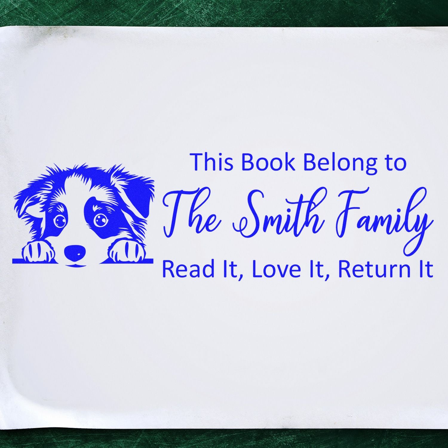 Personalized dog book stamp for library books: This Book Belong to The Smith Family, Read It, Love It, Return It.