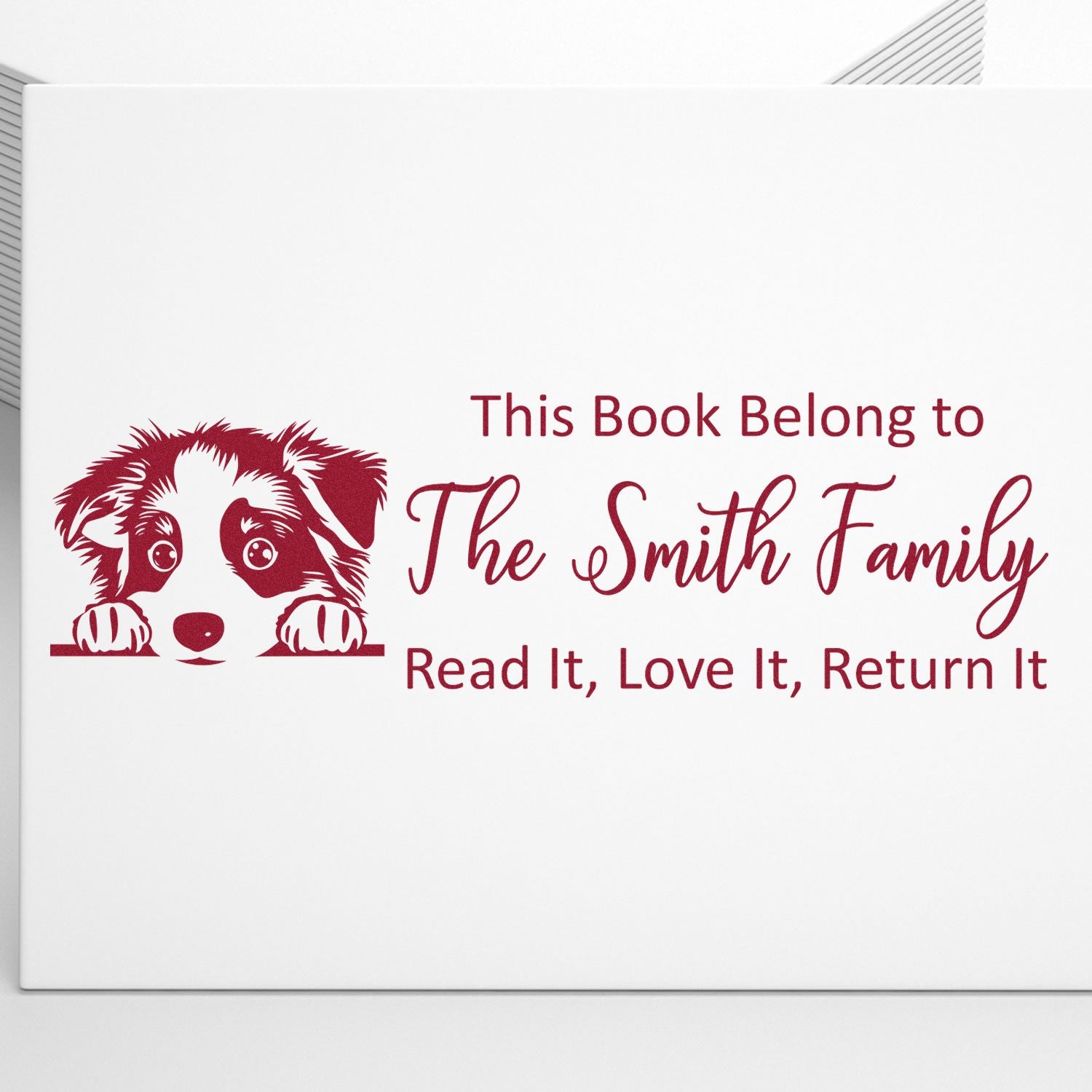 Custom bookplate rubber stamp with dog illustration for The Smith Family: Read It, Love It, Return It.