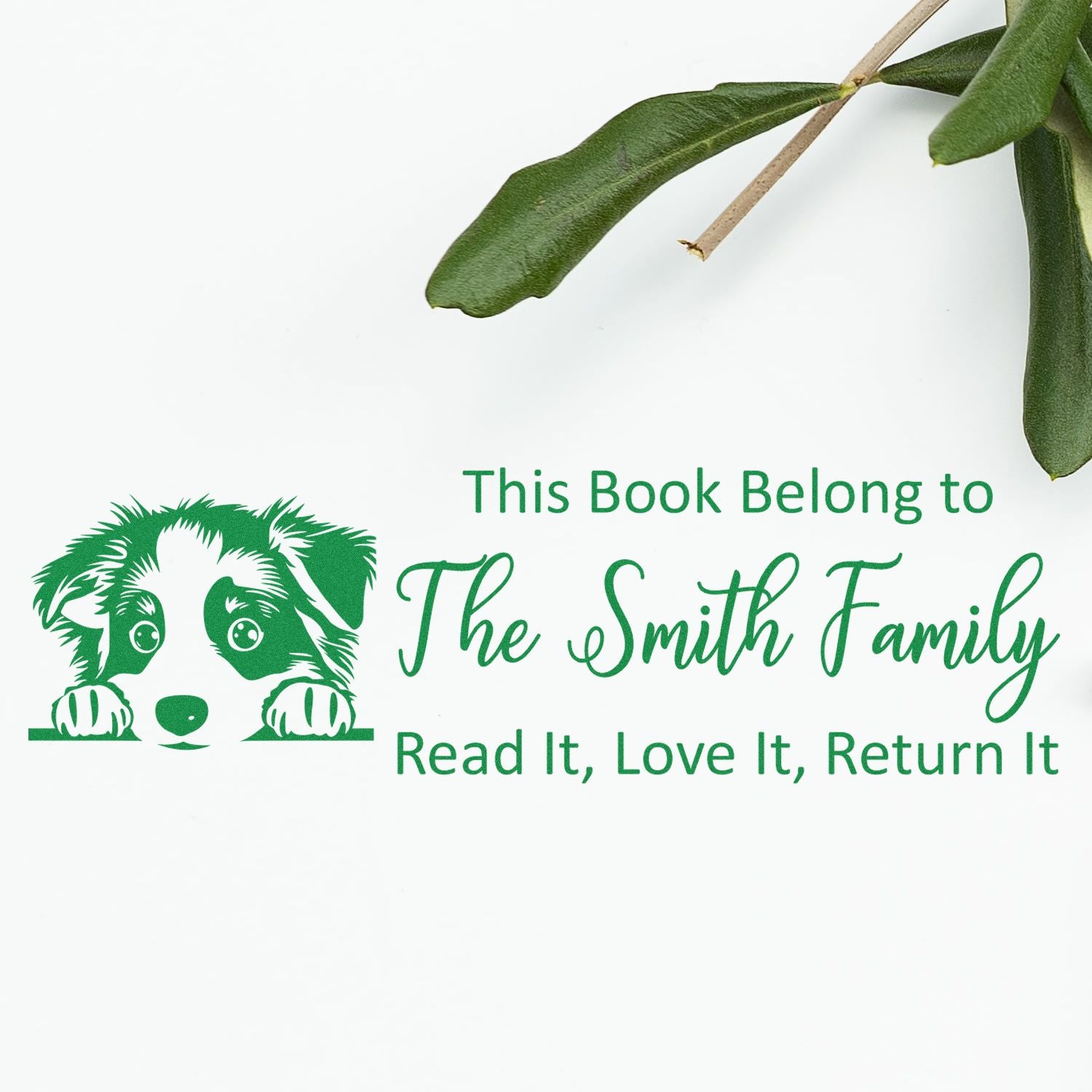 Personalized rubber book stamp with dog illustration and Smith family name for marking books: Read it, love it, return it.