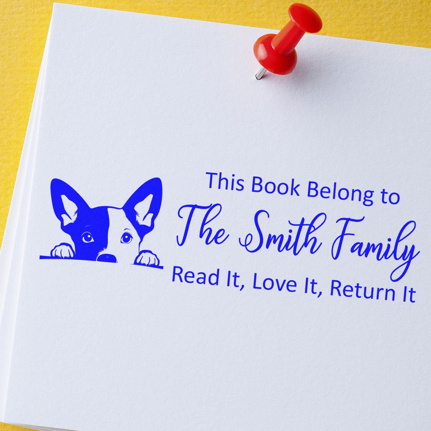 Custom dog book stamp for library books: This Book Belong to The Smith FamilyRead It, Love It, Return It.