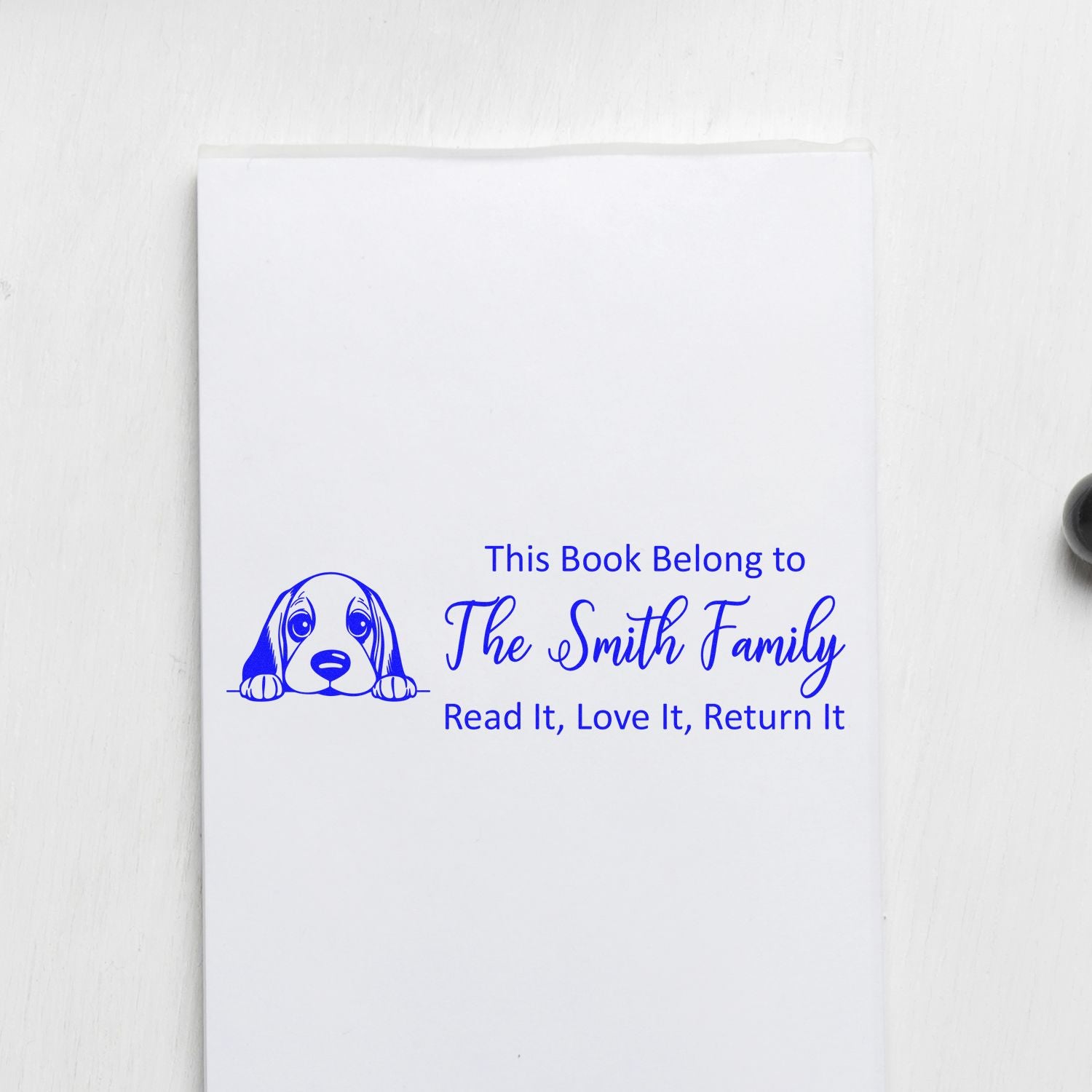 Personalized dog book stamp for The Smith Family, custom This Book Belongs To ex libris with Read It, Love It, Return It message.