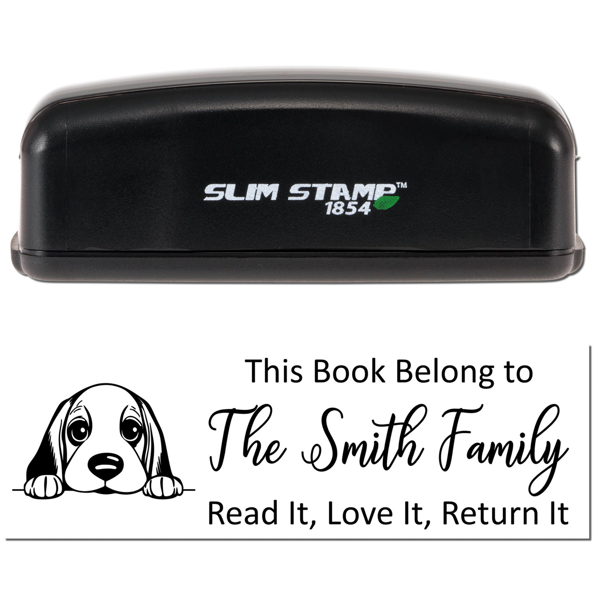 Personalized rubber book stamp with dog graphic and This Book Belongs to The Smith Family, Read It, Love It, Return It message.