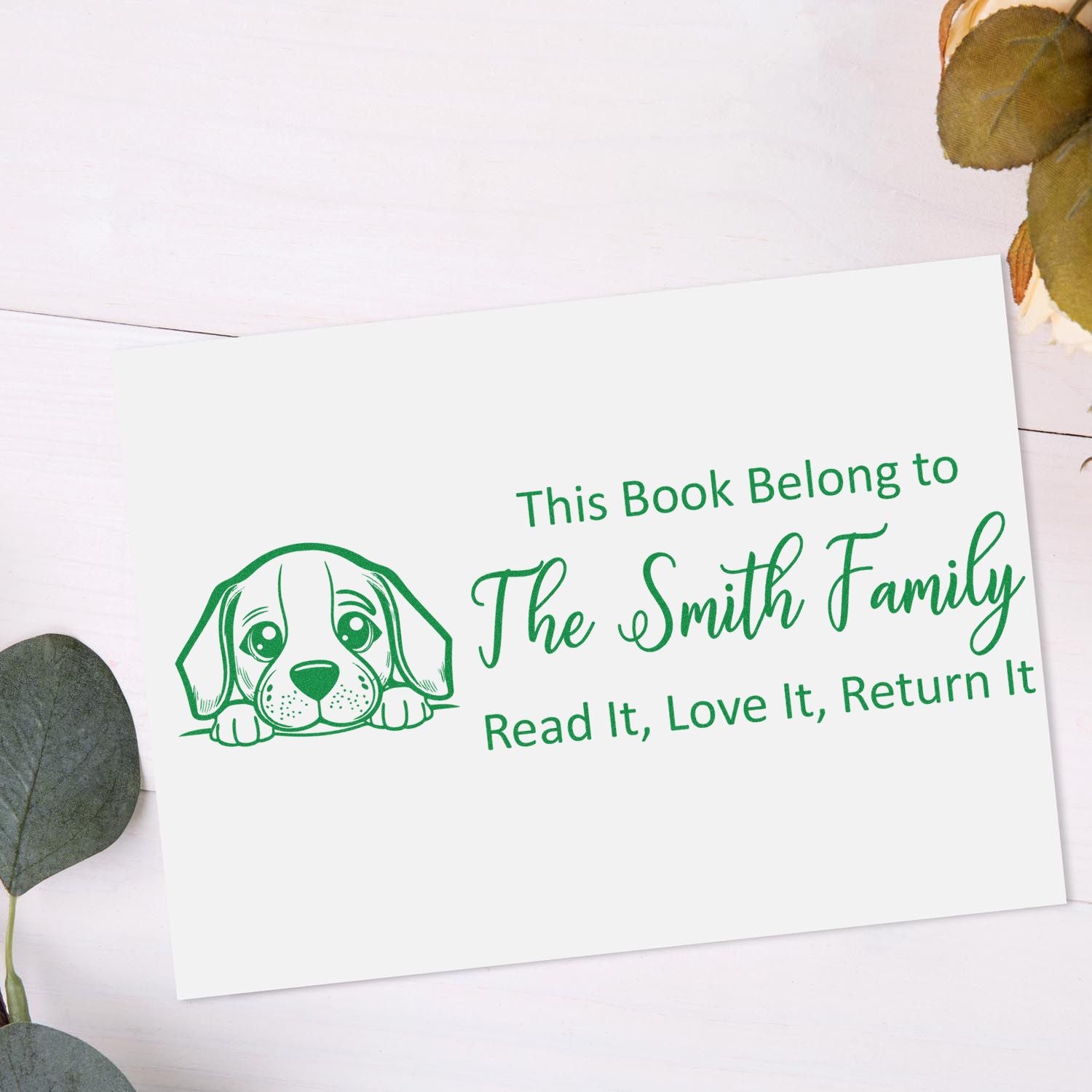Custom dog book return rubber stamp for the Smith family, with This Book Belongs To and Read It, Love It, Return It text.