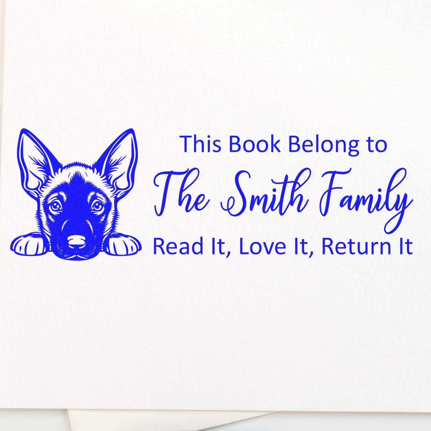 Custom German Shepherd bookplate rubber stamp for The Smith Family: This Book Belong to, Read It, Love It, Return It.