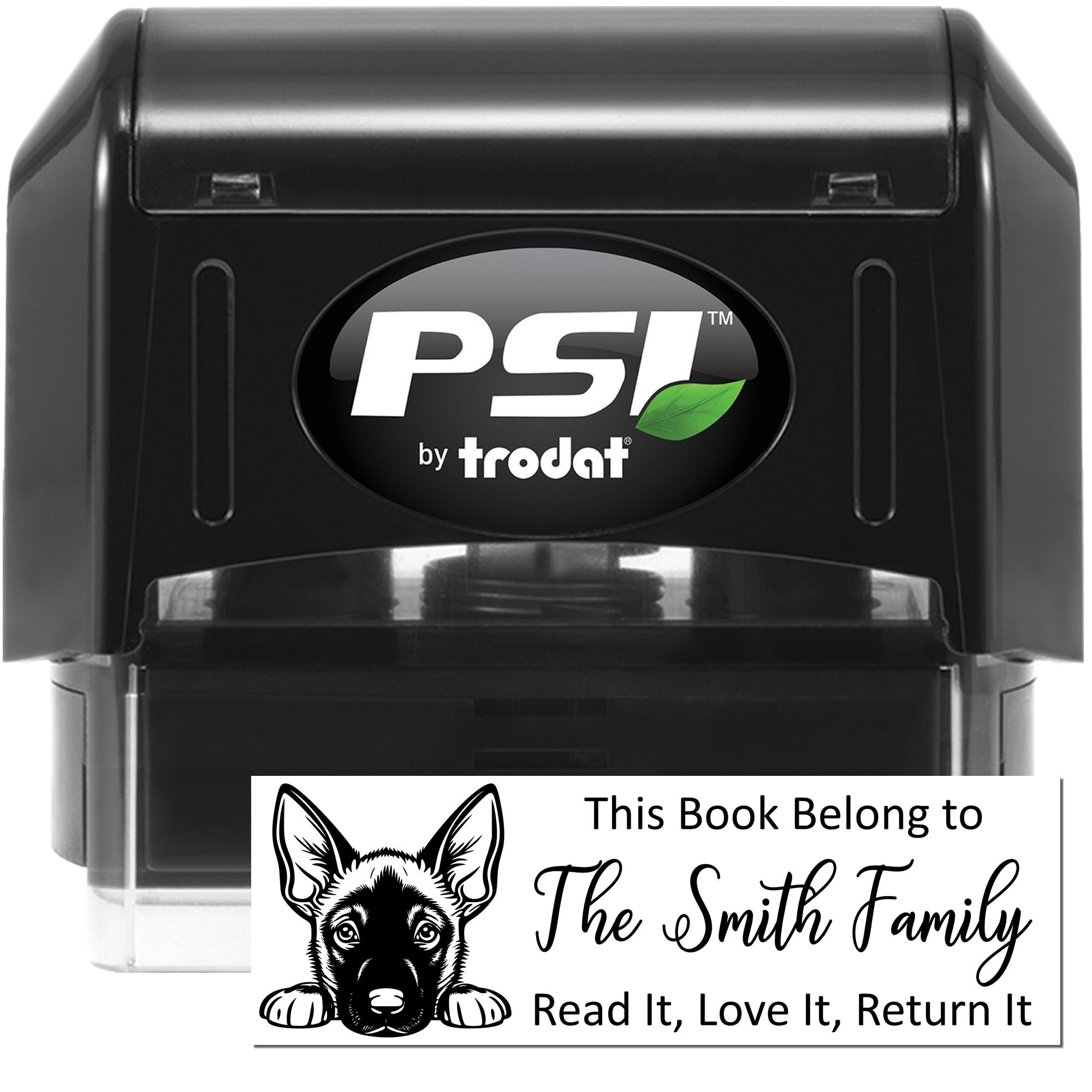 Personalized self-inking rubber book stamp by PSI Trodat with dog bookplate design for family book ownership and returns.