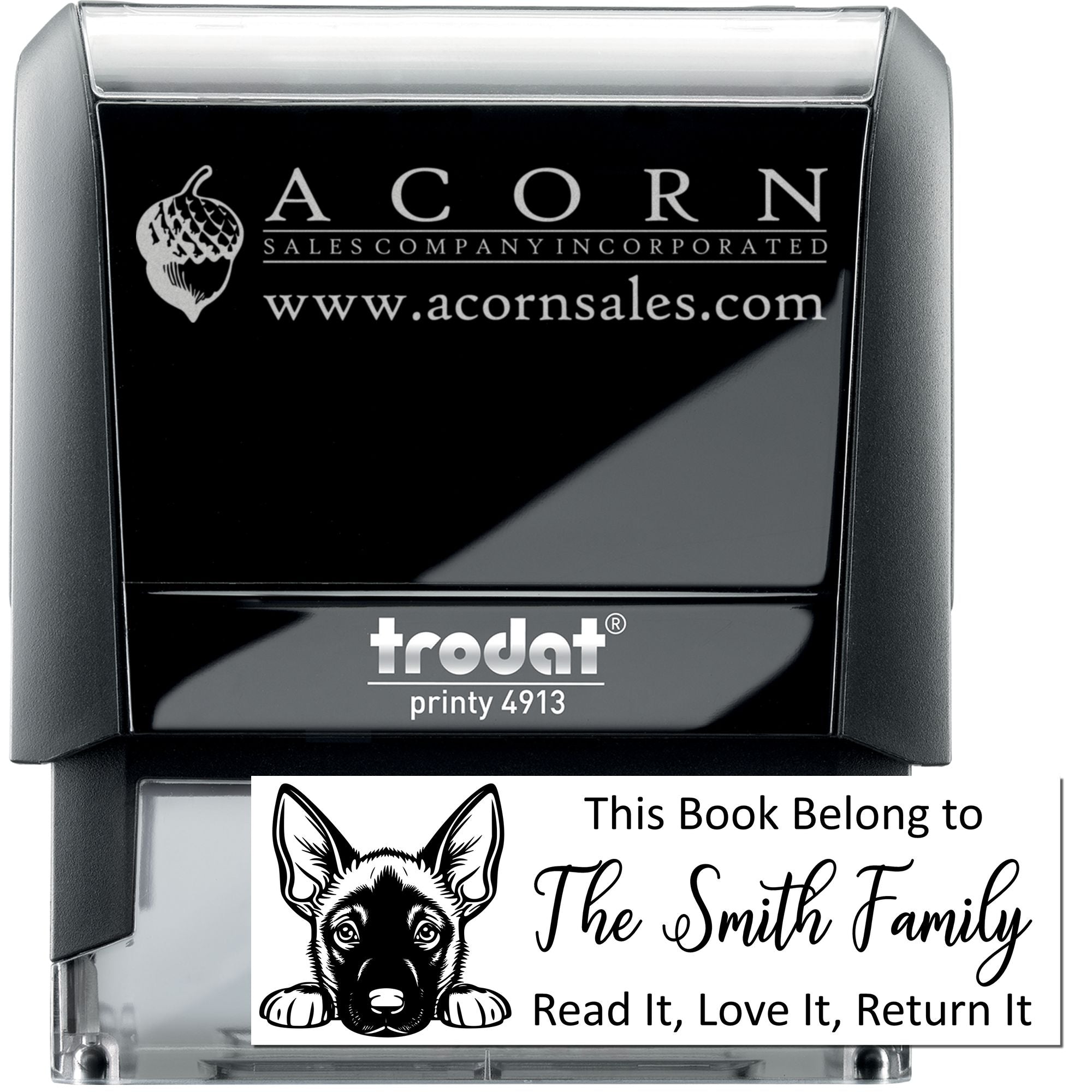 Trodat Printy self-inking rubber stamp with custom company logo and personalized book return imprint for branding and ownership marking