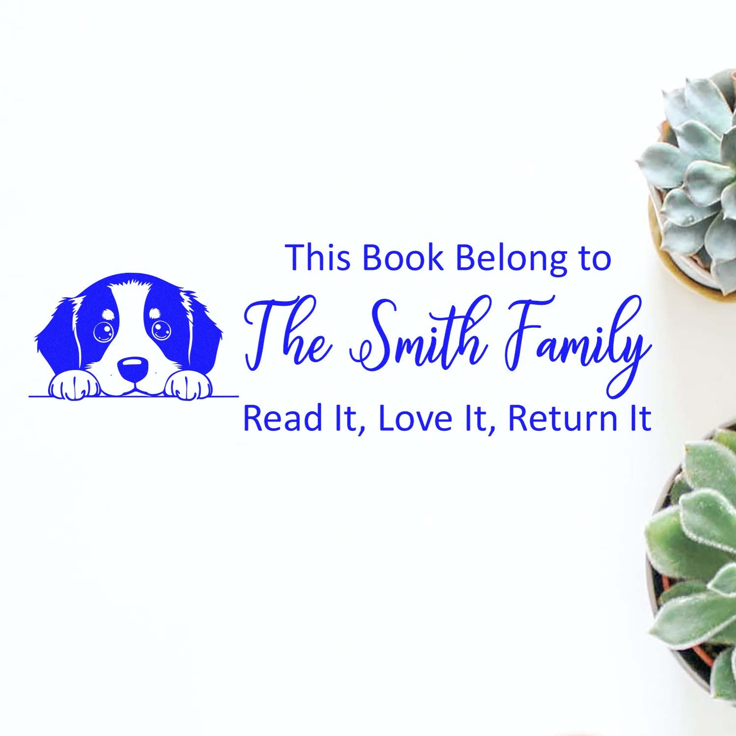 Personalized dog book stamp for The Smith Family: This Book Belongs to... Read It, Love It, Return It.