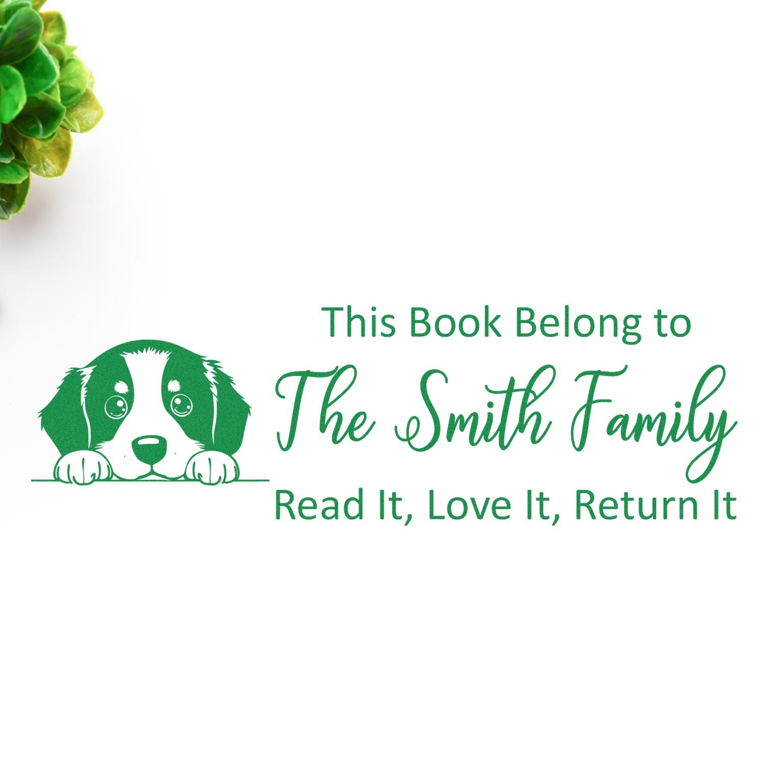 Custom rubber stamp for books with dog graphic and This Book Belongs to The Smith Family return message.