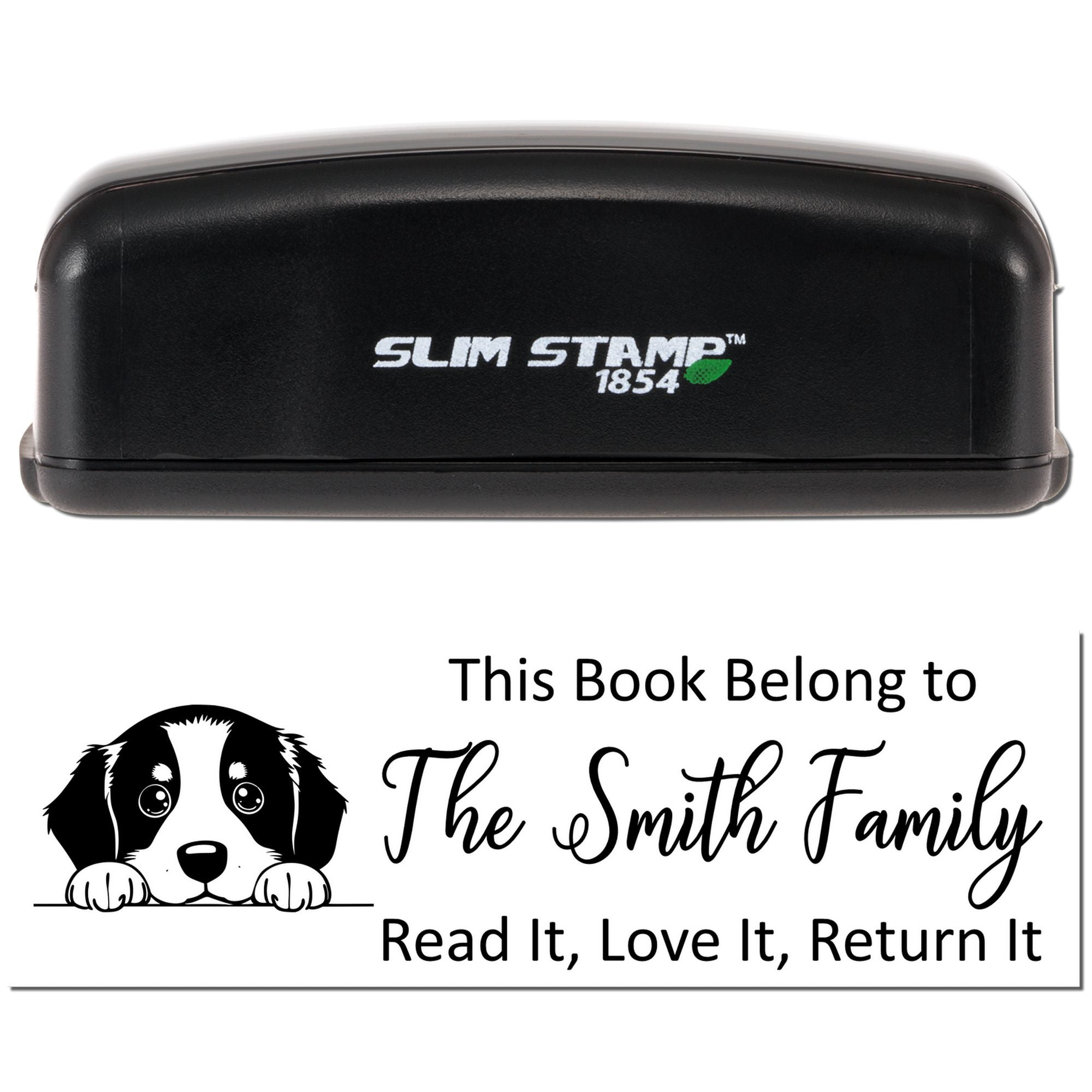 Slim Stamp custom rubber book stamp with dog design and This Book Belongs to The Smith Family return message.