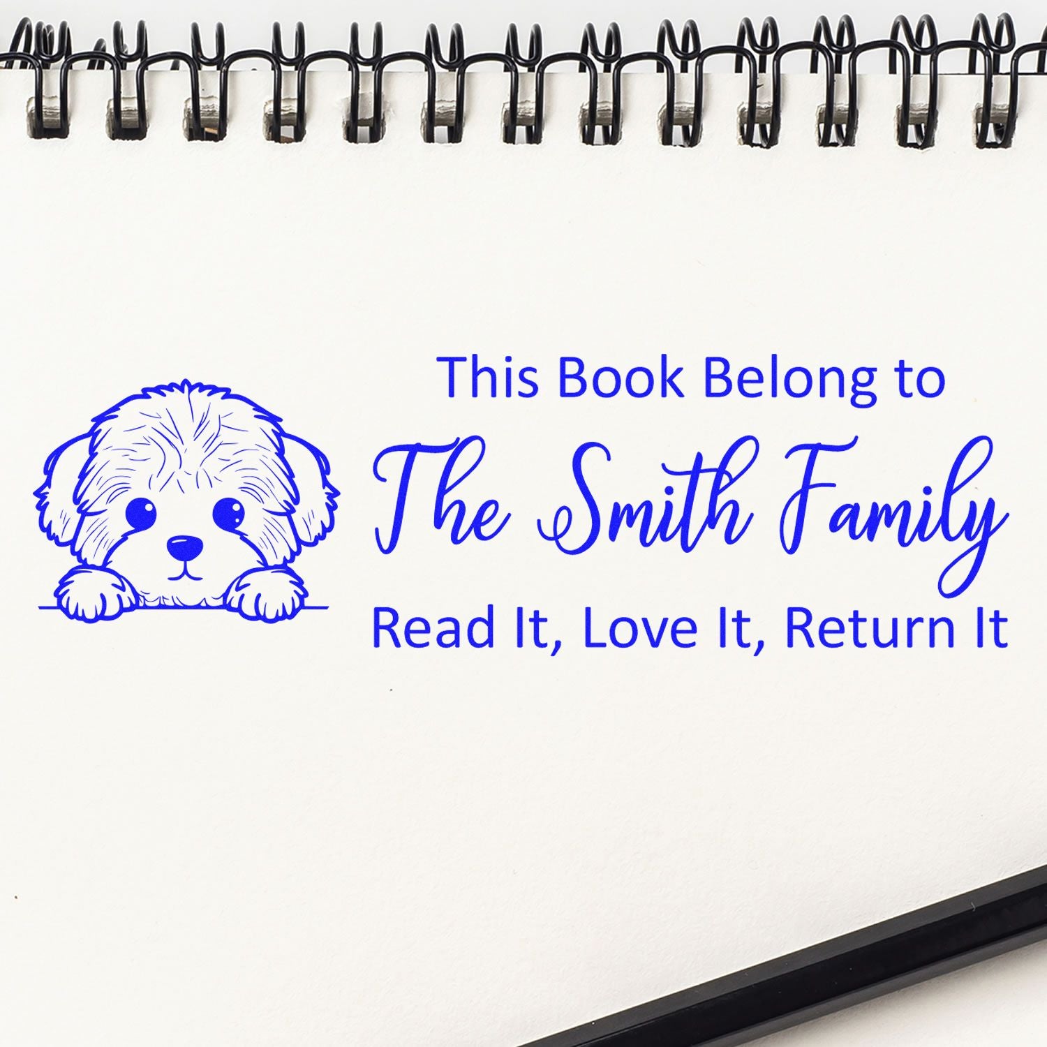 Personalized book stamp with dog design for The Smith Family, reading reminder: Read It, Love It, Return It.
