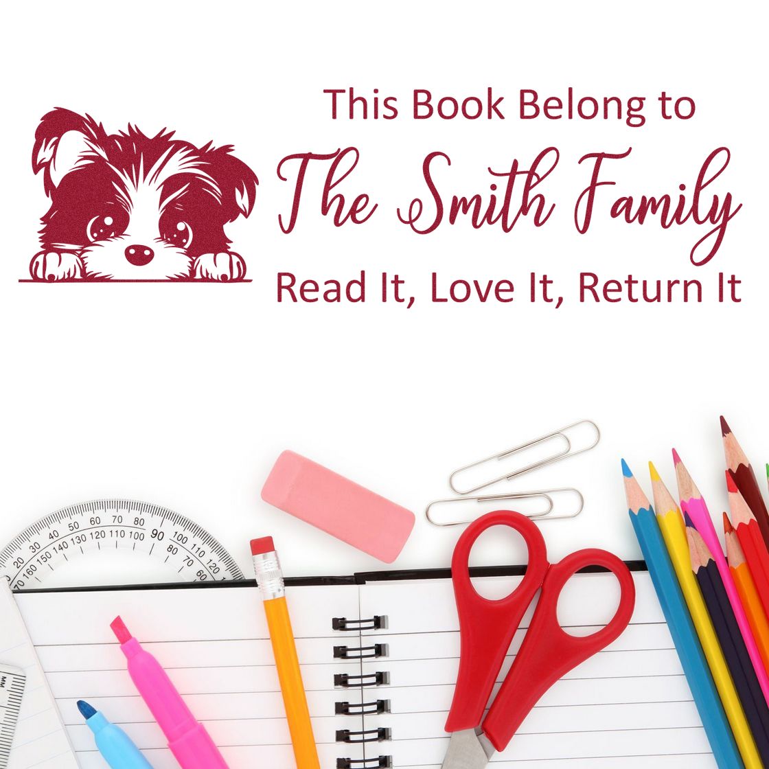 Personalized book rubber stamp with dog illustration: This Book Belongs to The Smith Family, Read It, Love It, Return It.