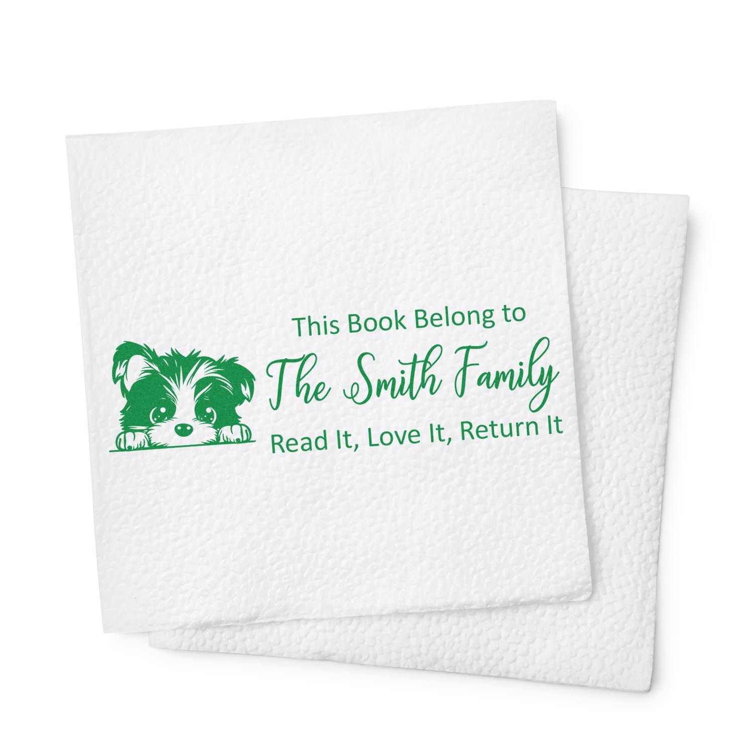 Personalized library book return rubber stamp with dog design for The Smith Family, read it, love it, return it.