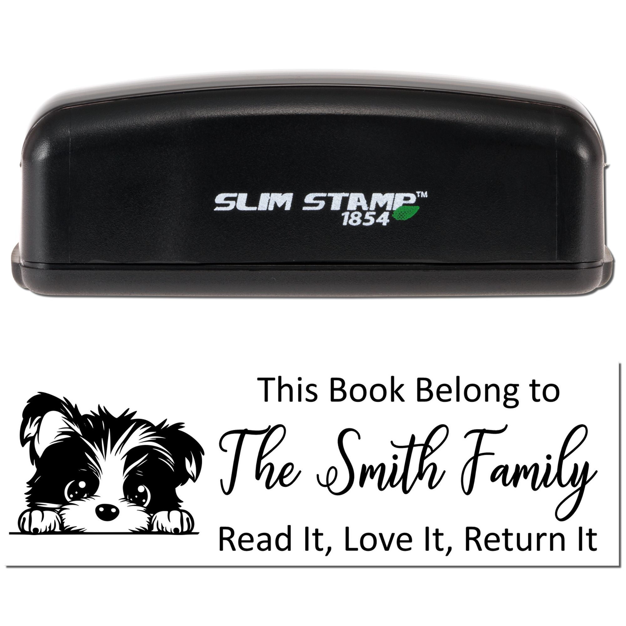 Self-inking Slim Stamp 1854 personalized book stamp with dog bookplate design for The Smith Family.