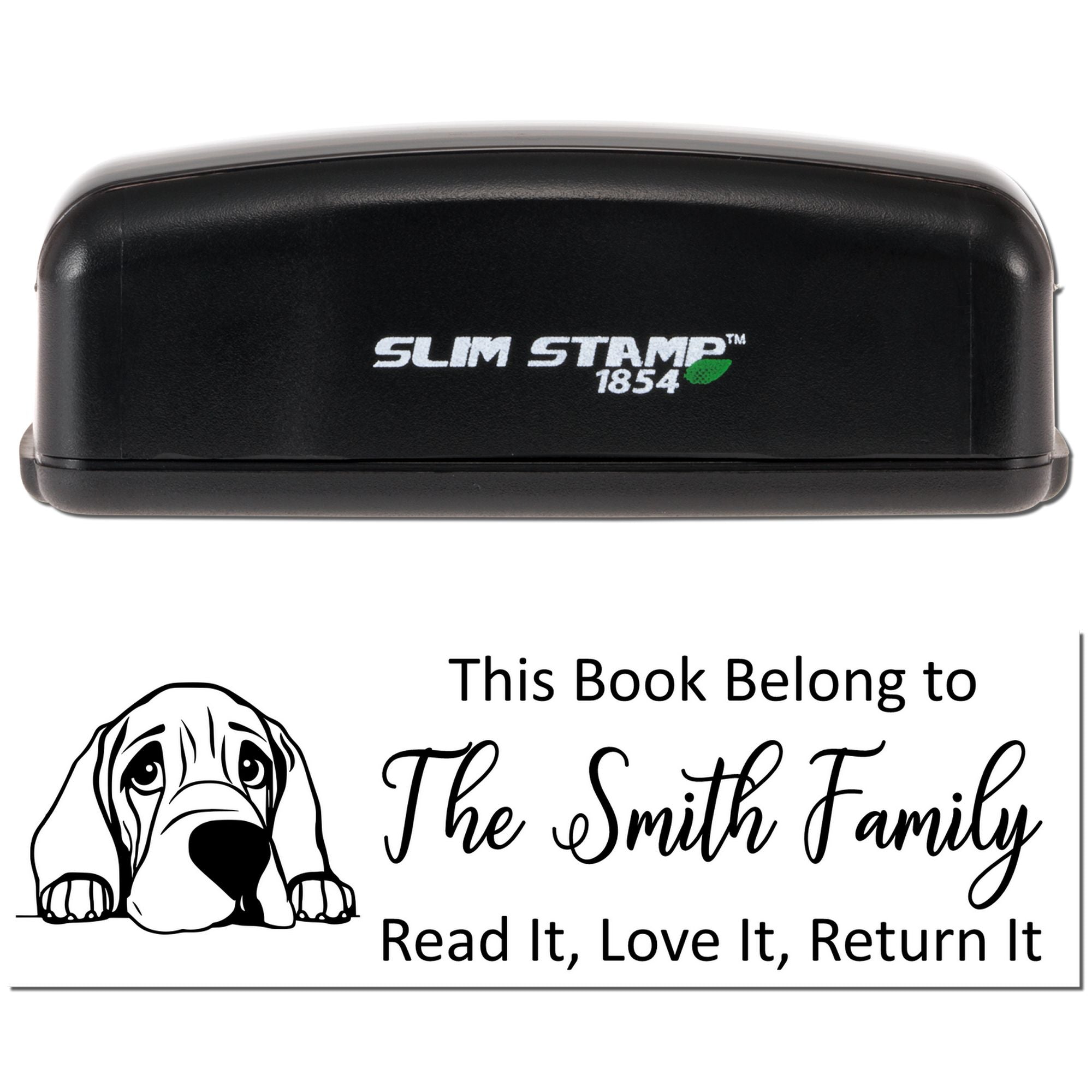 Custom self-inking rubber book stamp for library labels, showing This Book Belongs to The Smith Family return-it design.