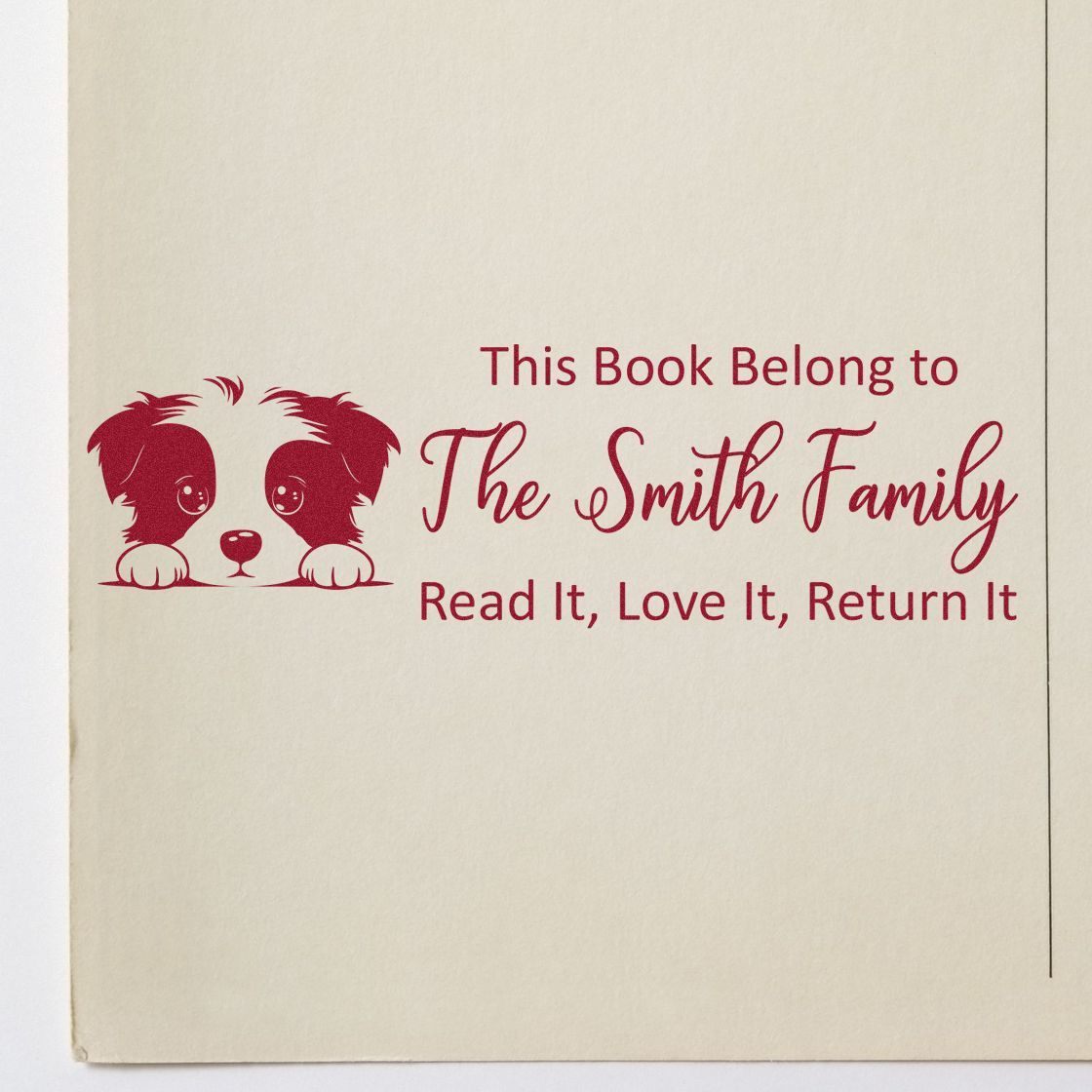 Personalized book stamp with puppy design and This Book Belong to The Smith Family, Read It, Love It, Return It message.