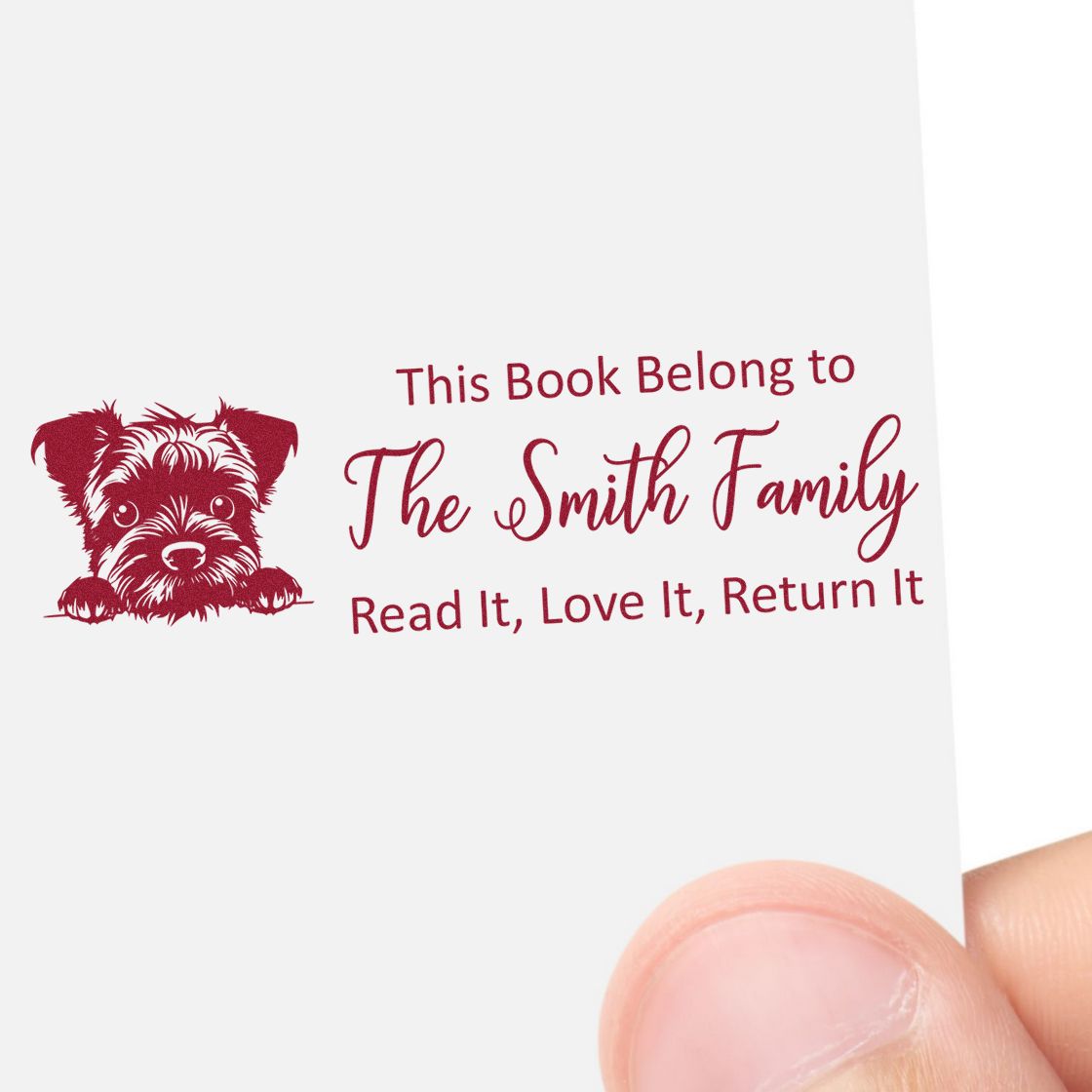 Personalized custom book stamp for The Smith Family with dog icon and Read It, Love It, Return It library label.