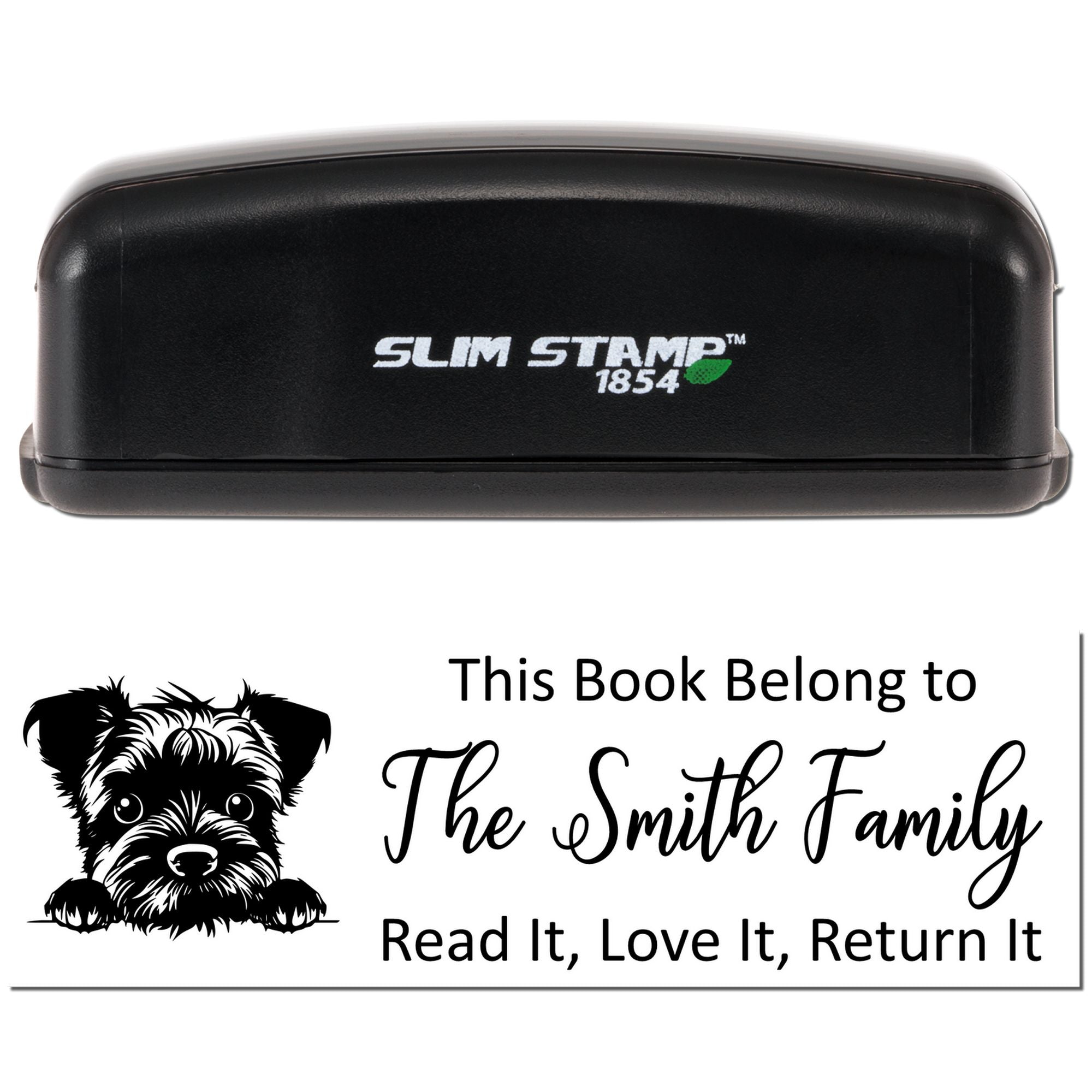 Slim Stamp 1854 self-inking rubber book stamp with personalized This Book Belong to The Smith Family return-it design