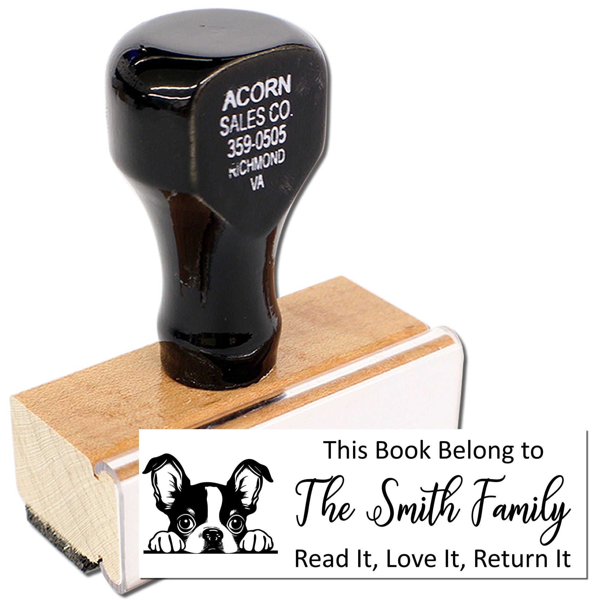Personalized rubber book stamp with dog design for family library returns, reading This Book Belong to The Smith Family.
