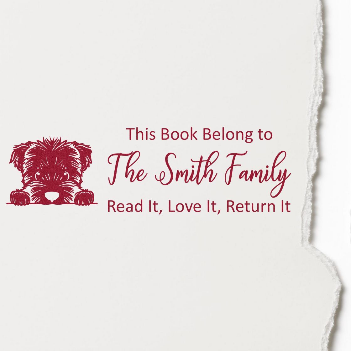 Custom rubber stamp for books with dog illustration, personalized This Book Belongs to The Smith Family return-it message.