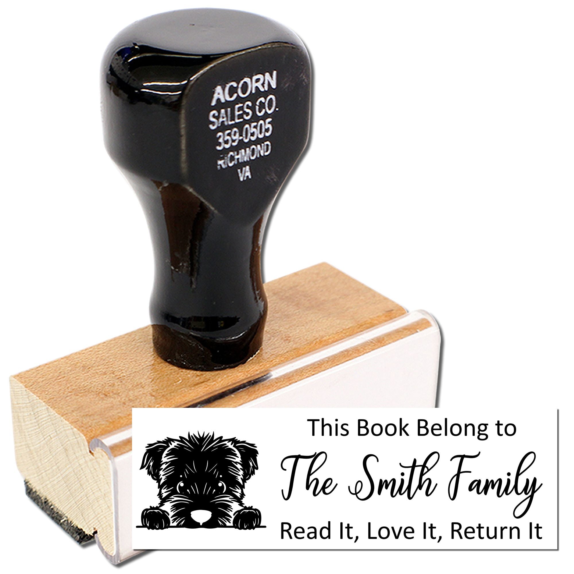Custom rubber stamp for books with dog illustration and personalized This Book Belong to The Smith Family return label.