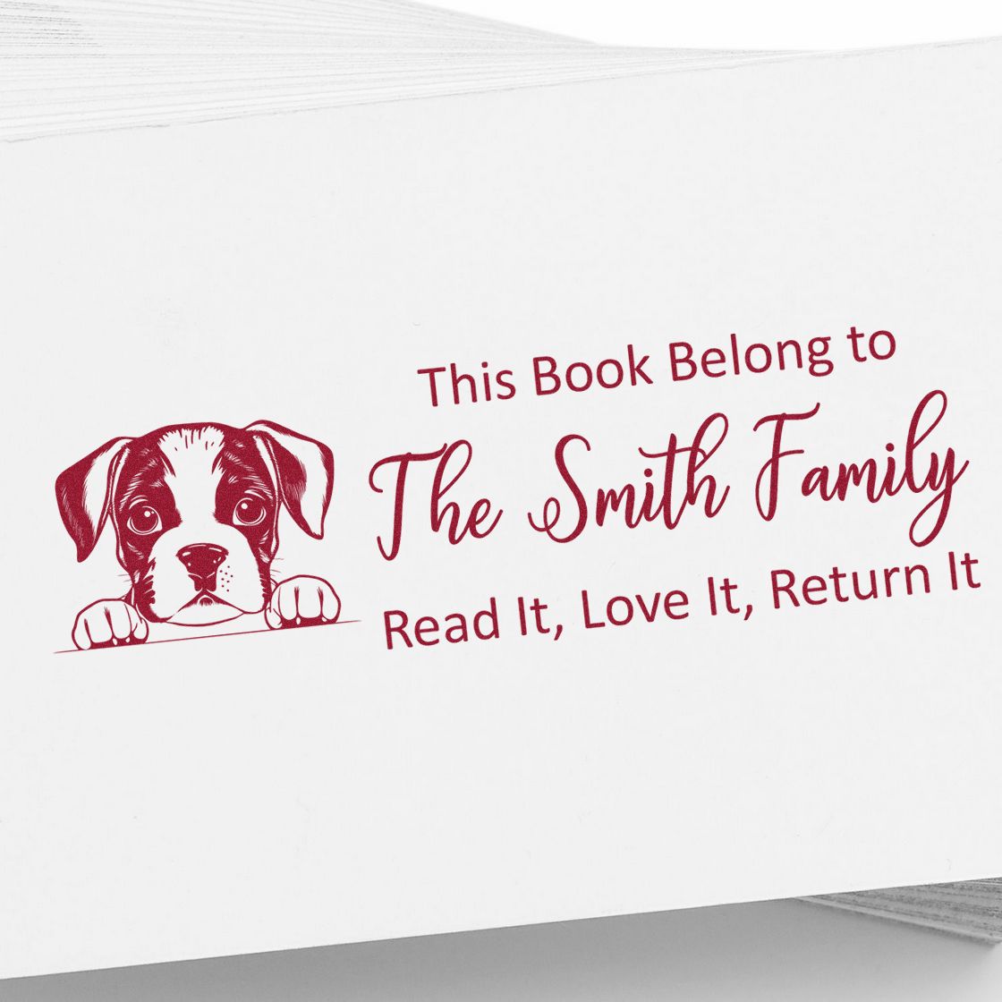 Custom personalized rubber book stamp with dog illustration: This Book Belongs to The Smith FamilyRead It, Love It, Return It.