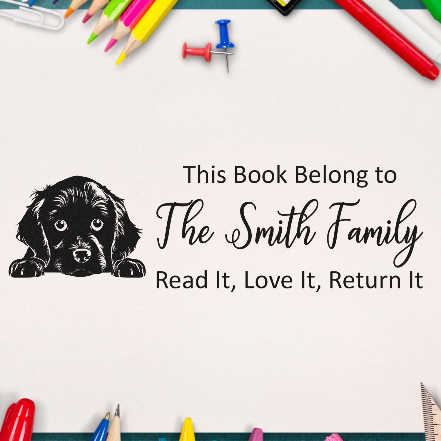 Custom dog-themed rubber book stamp personalized for The Smith Family, with Read It, Love It, Return It text.