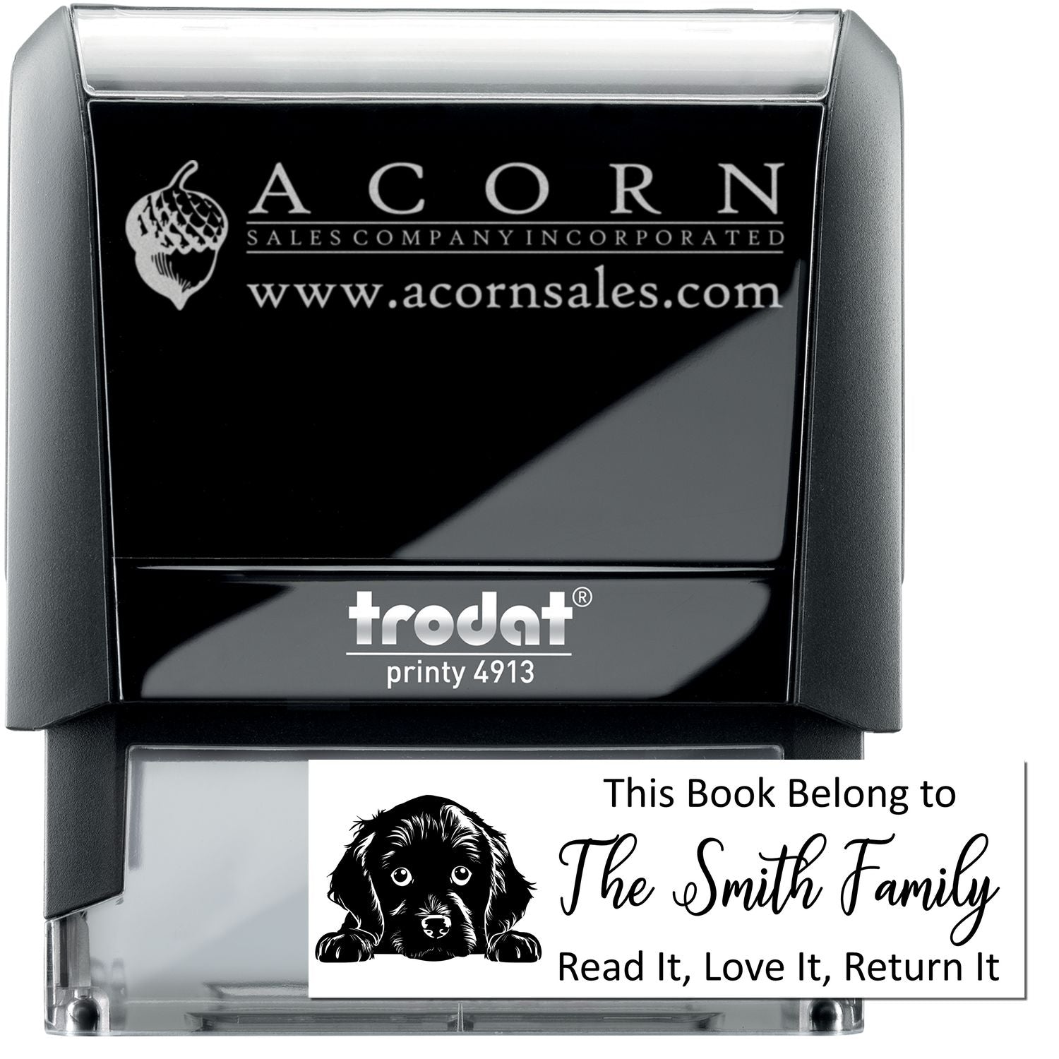 Custom self-inking rubber stamp with business logo and personalized book return stamp design