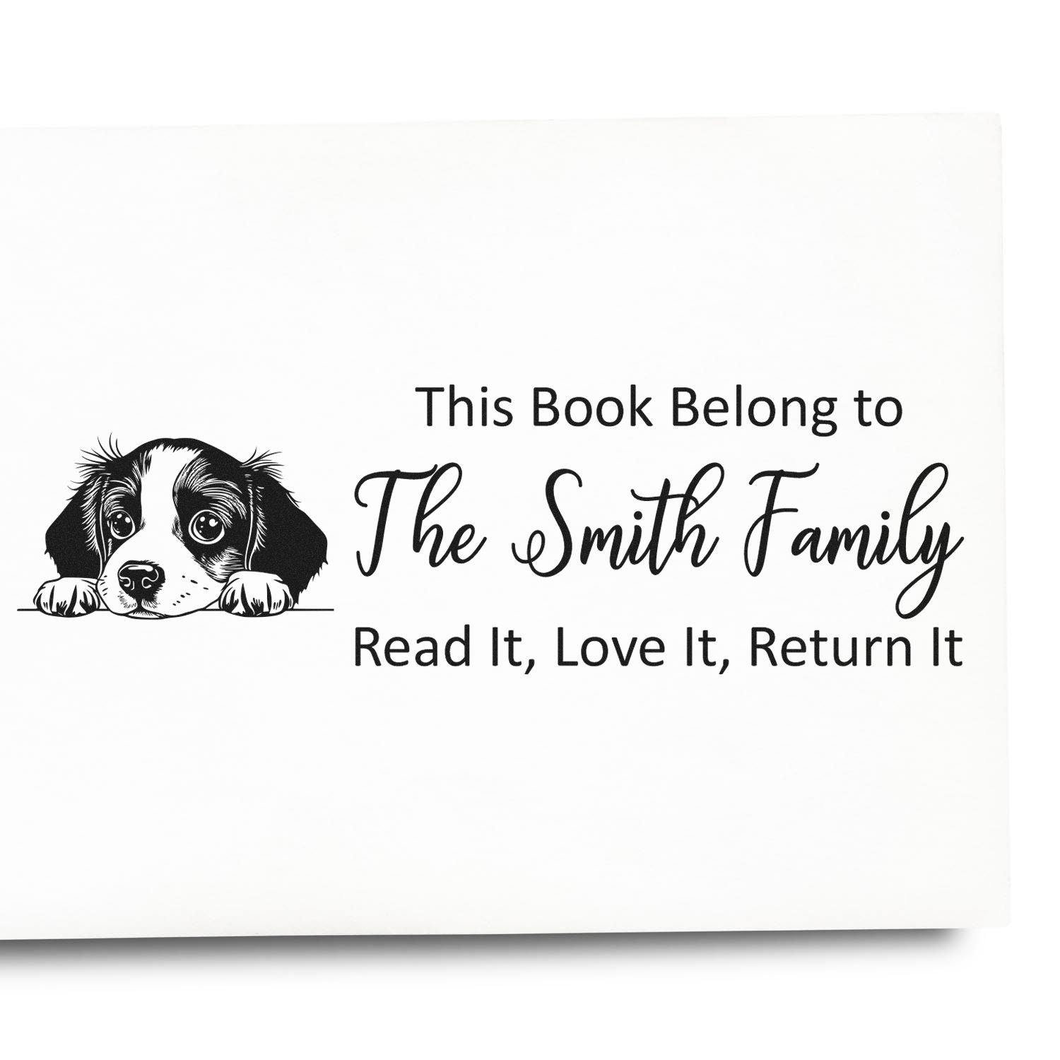 Personalized rubber stamp bookplate with puppy art and This Book Belong to The Smith Family  read it, love it, return it.