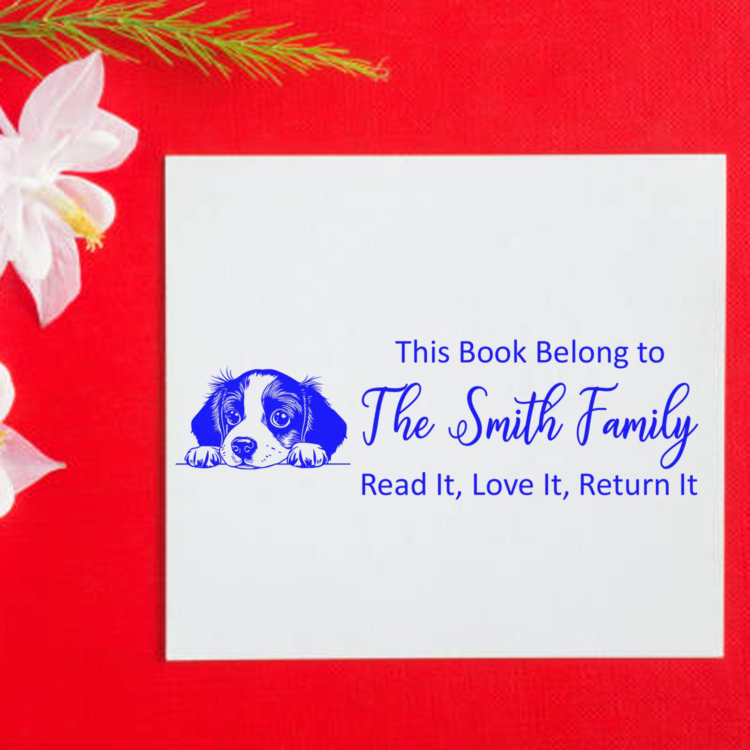 Personalized rubber stamp for books with puppy design and This Book Belong to The Smith Family, Read It, Love It, Return It message.