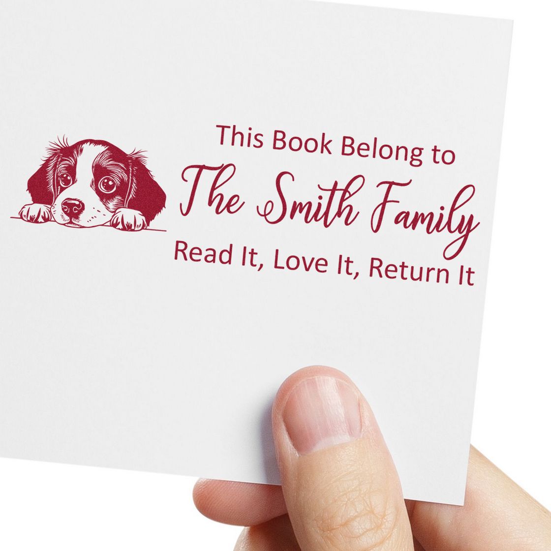 Personalized dog bookplate rubber stamp reading This Book Belong to The Smith Family, Read It, Love It, Return It for library books.