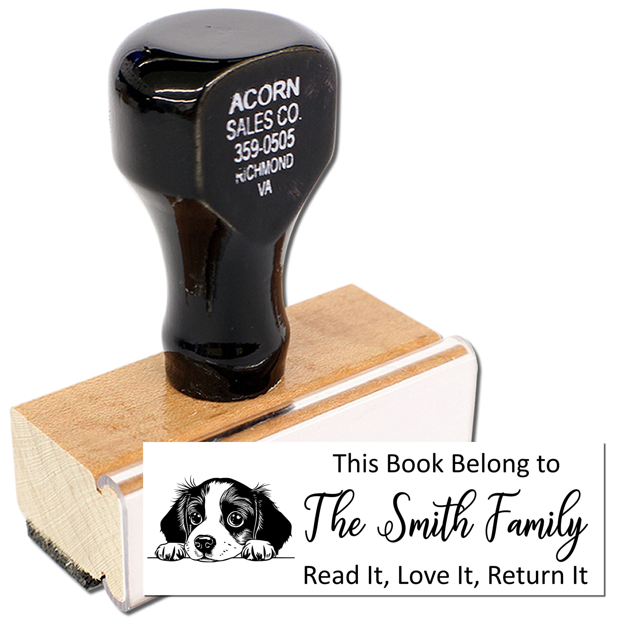 Personalized rubber book stamp with dog design and bookplate text, Read It, Love It, Return It, for The Smith Family.