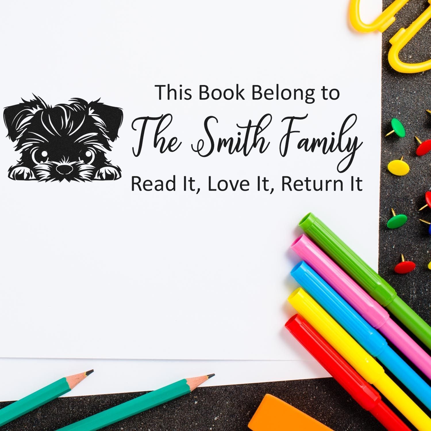 Personalized rubber stamp for books with dog design, This Book Belongs to The Smith Family and Read It, Love It, Return It.
