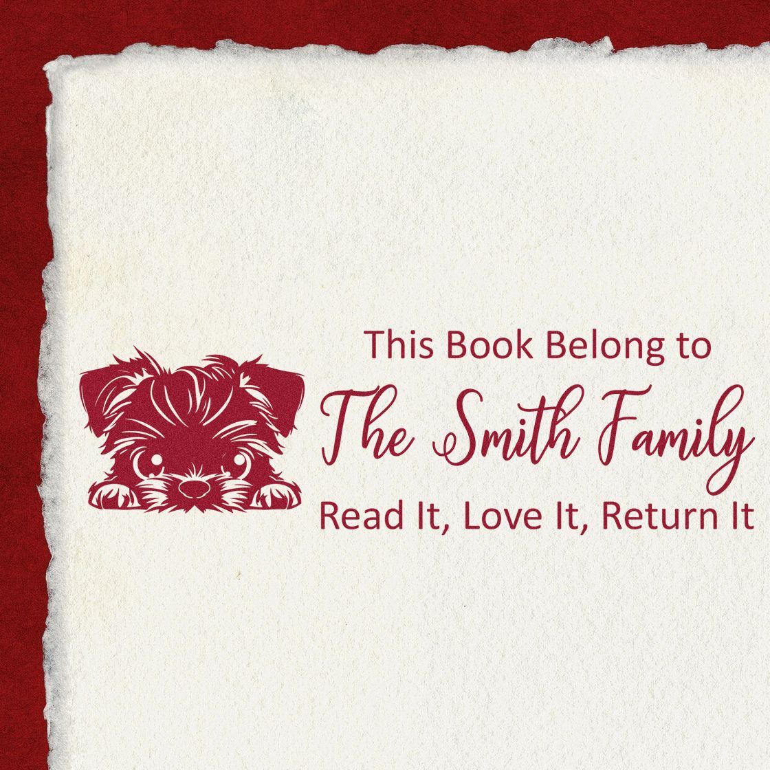 Personalized dog book rubber stamp with This Book Belong to The Smith Family and Read It, Love It, Return It ex libris design.