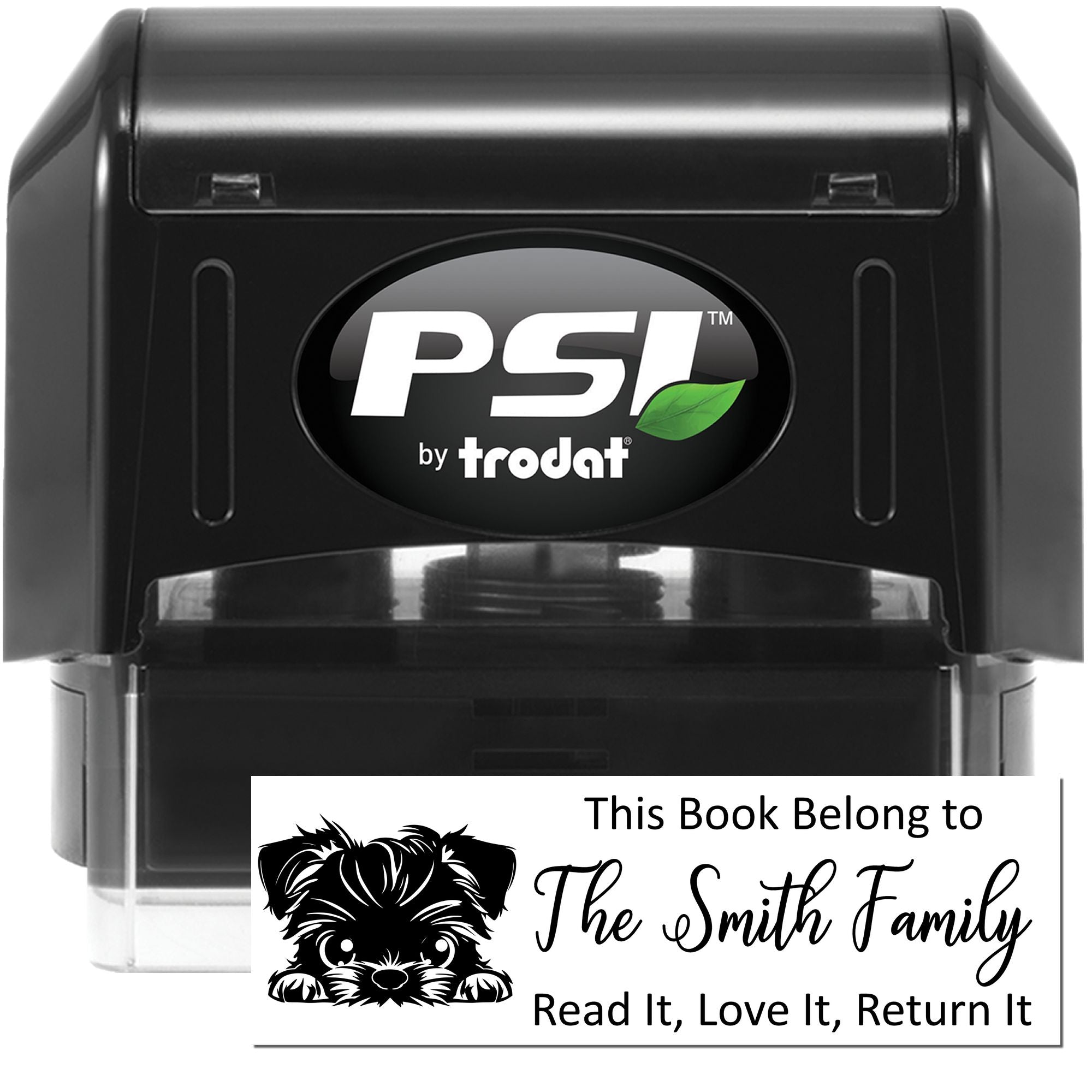 PSI by Trodat self-inking book return stamp with custom family name and dog graphic for personal library books.