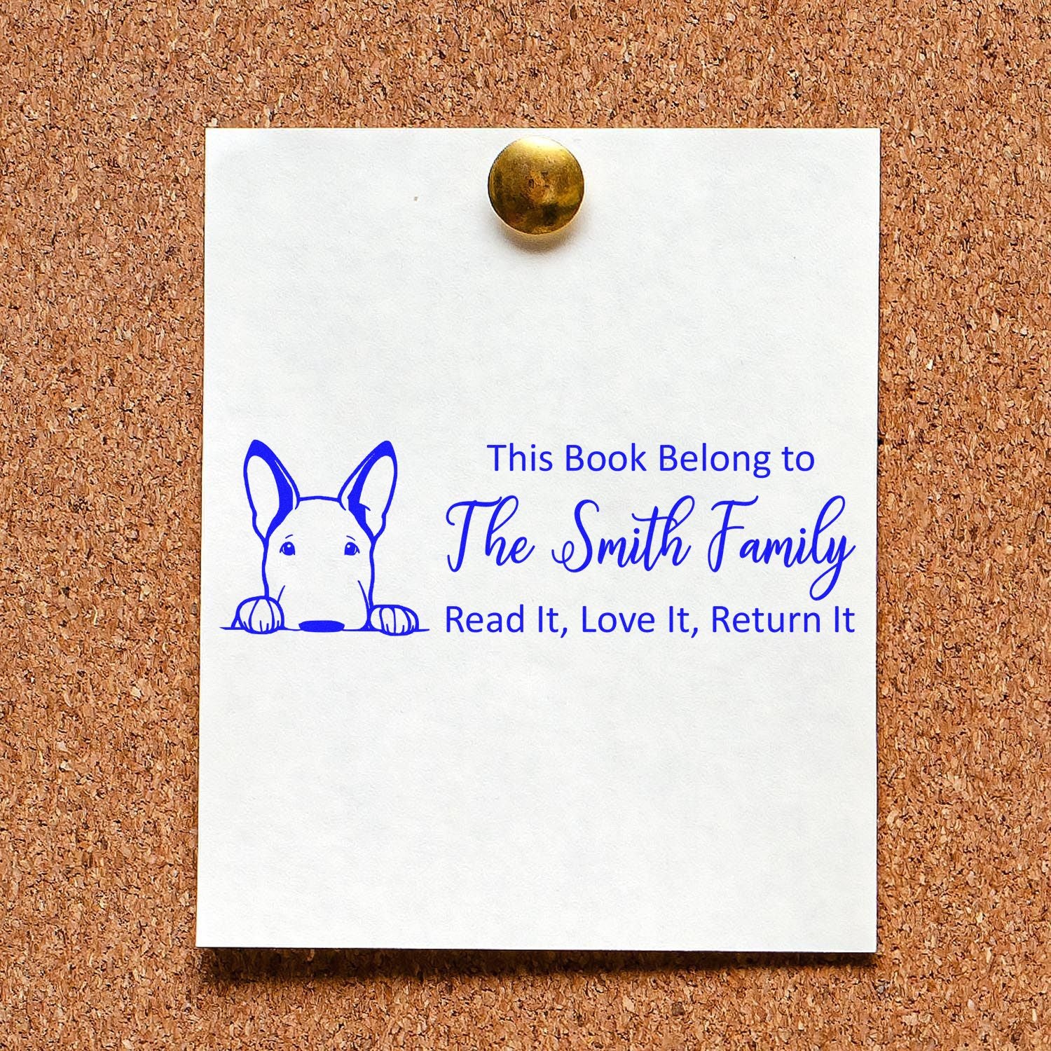 Personalized dog bookplate rubber stamp for The Smith Family, with Read It, Love It, Return It library ownership text.