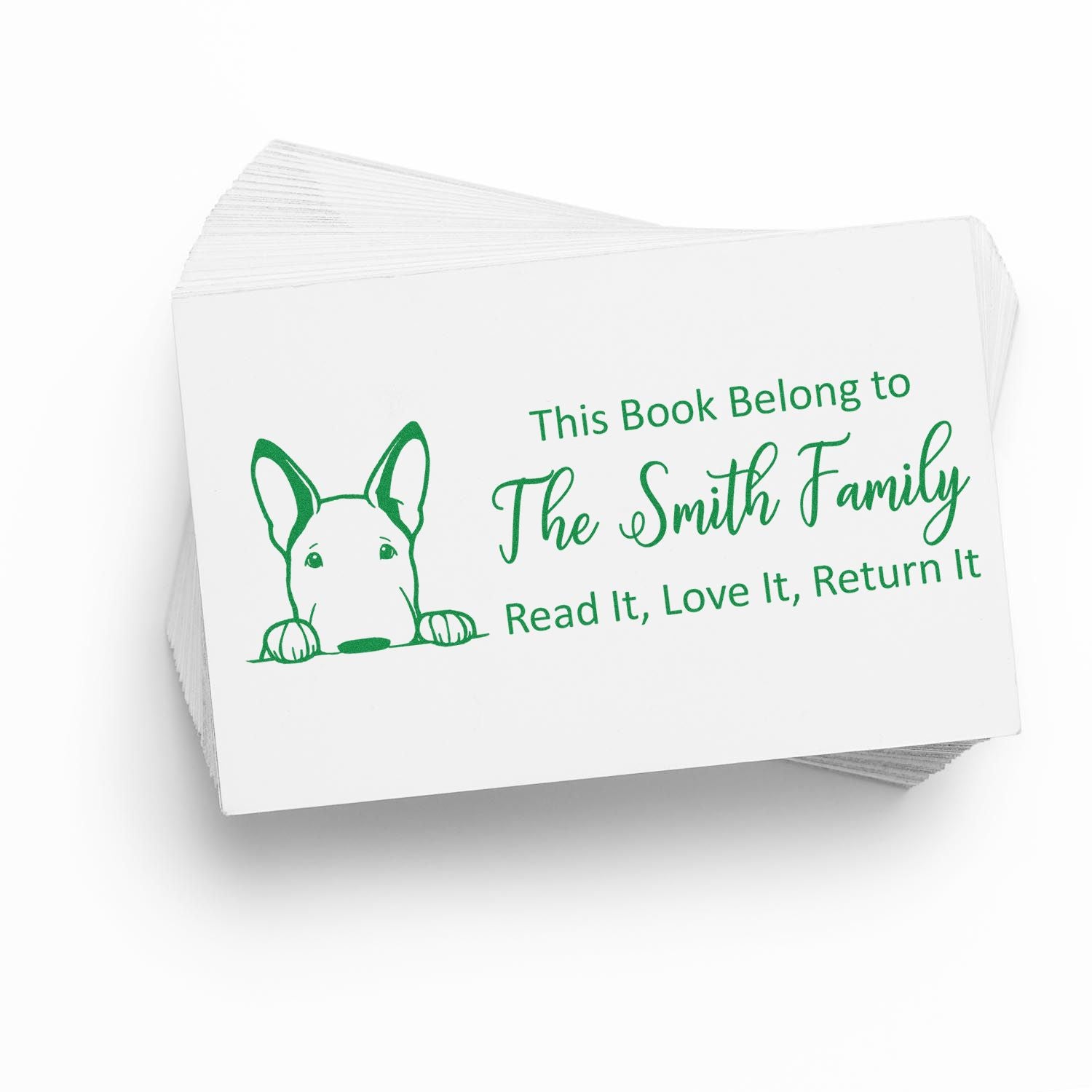 Custom rubber book stamp with dog illustration: This Book Belongs to The Smith Family  Read It, Love It, Return It.