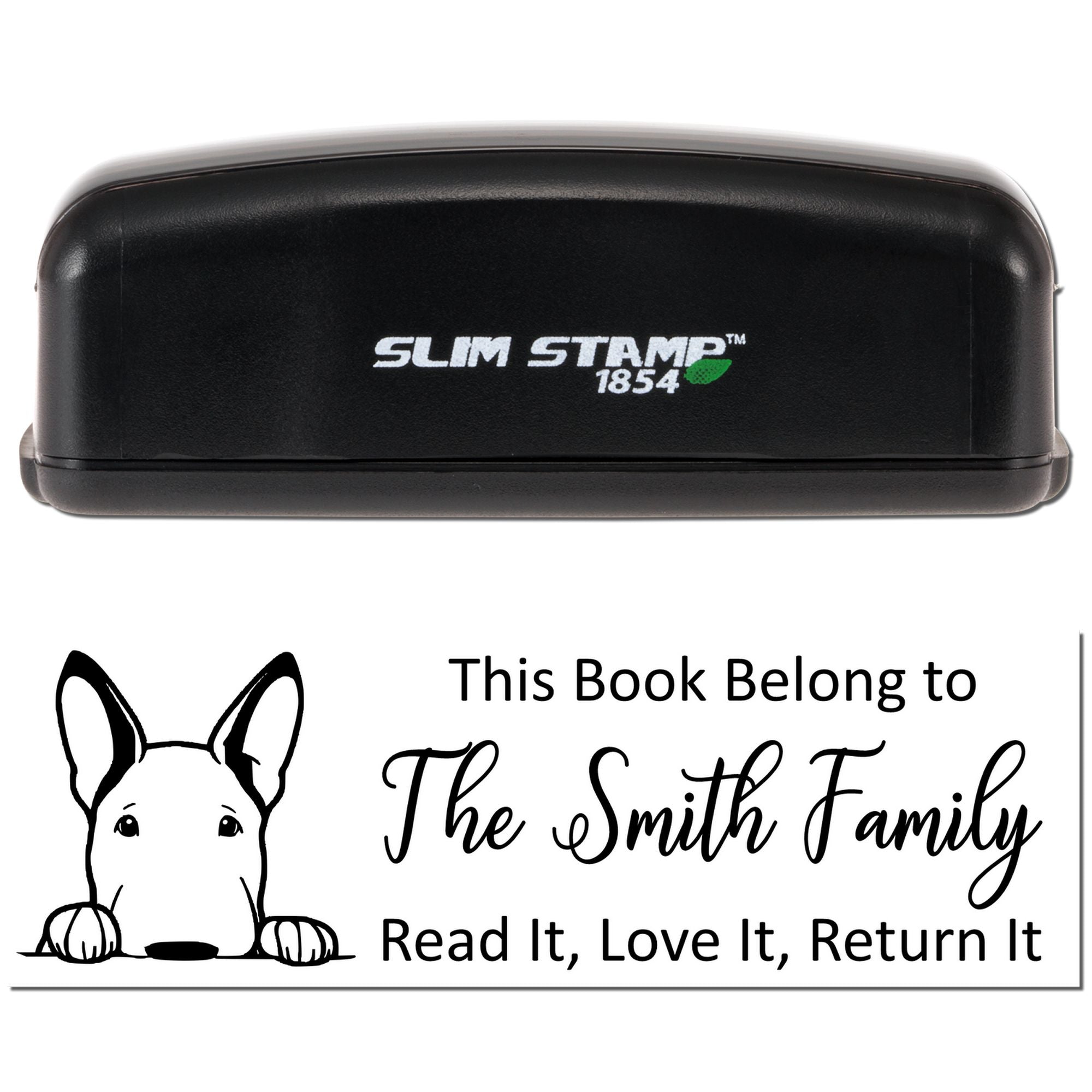 Slim Stamp 1854 custom book stamp with dog design and This Book Belong to The Smith Family return message.
