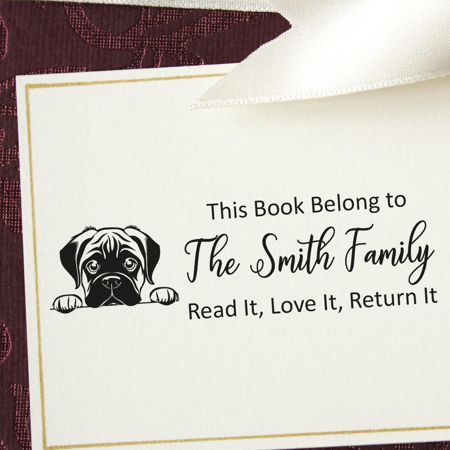 Personalized dog book stamp for The Smith Family with Read It, Love It, Return It ex libris text.