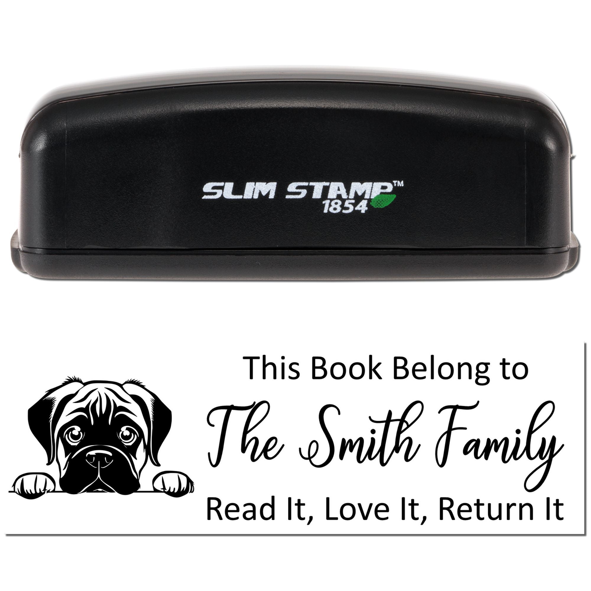 Slim Stamp 1854 custom rubber book stamp with dog design for personalized This Book Belongs to The Smith Family return notice.