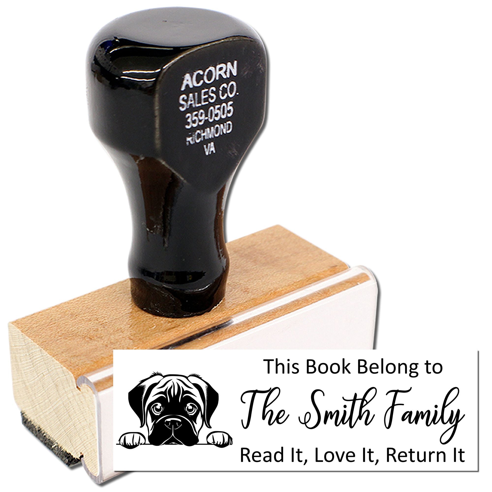 Custom self-inking rubber book stamp with dog design and This Book Belongs to The Smith Family read it, love it, return it message.
