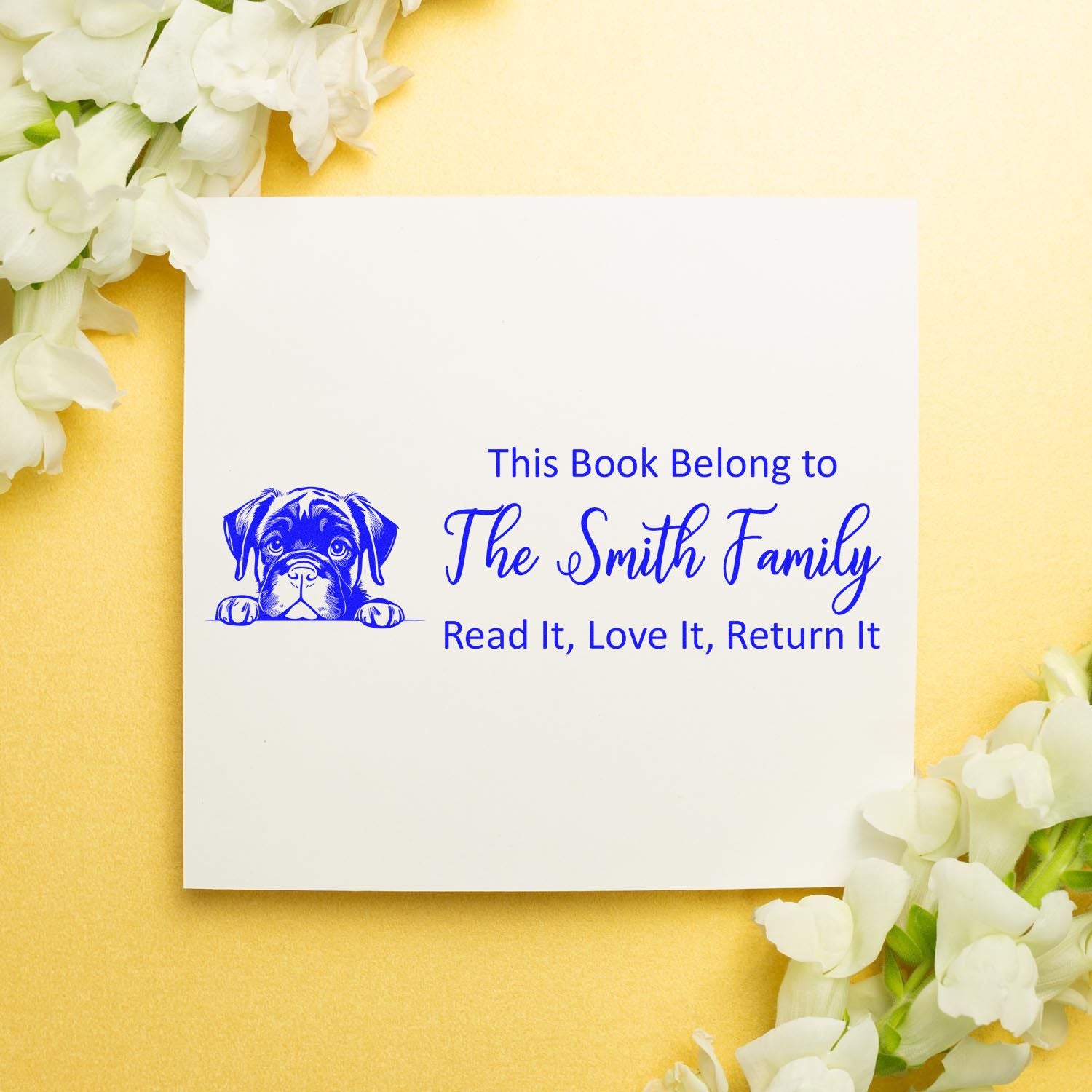 Custom bookplate rubber stamp for The Smith Family with puppy design and Read It, Love It, Return It message.