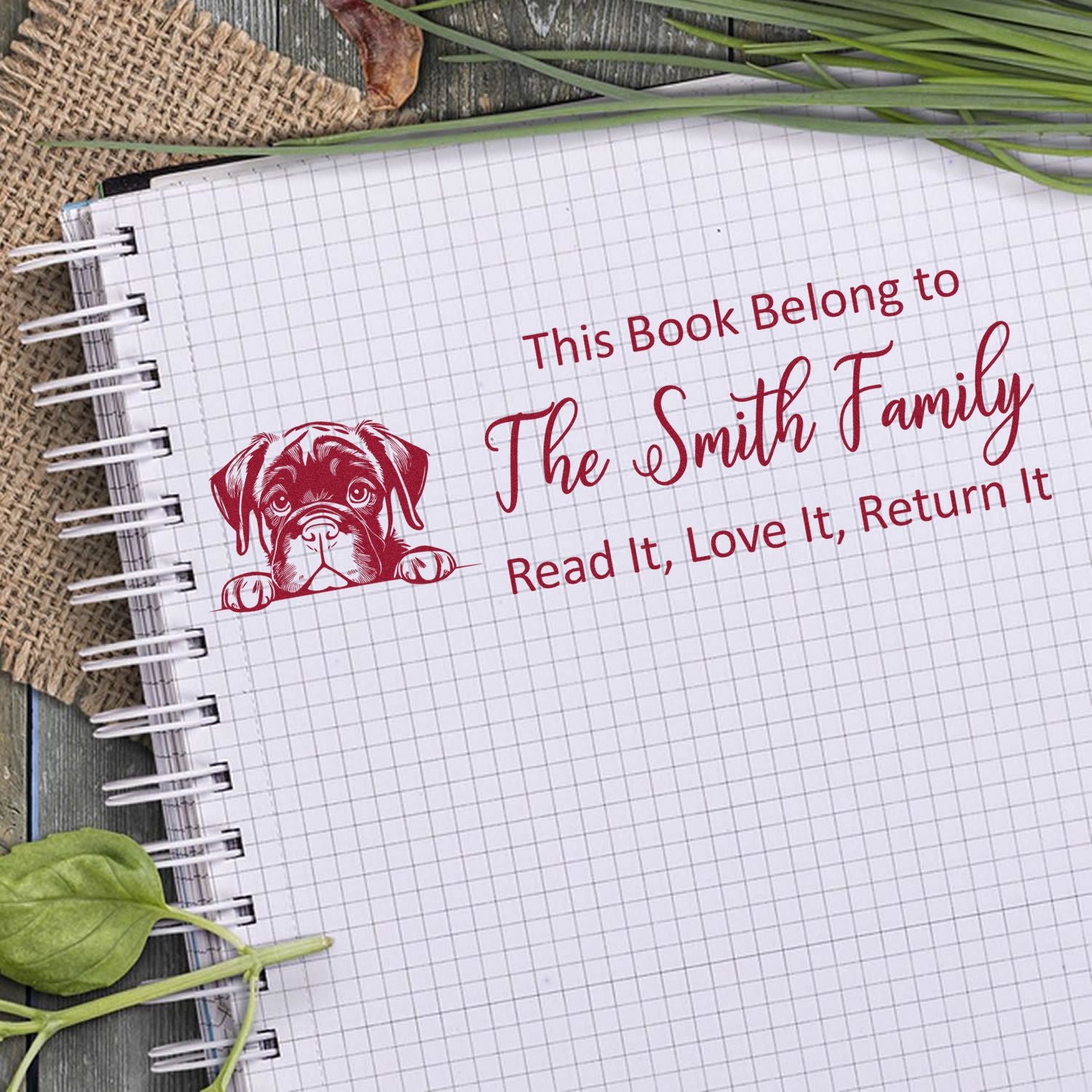 Custom rubber stamp with dog design for books: This Book Belongs to The Smith Family, Read It, Love It, Return It.