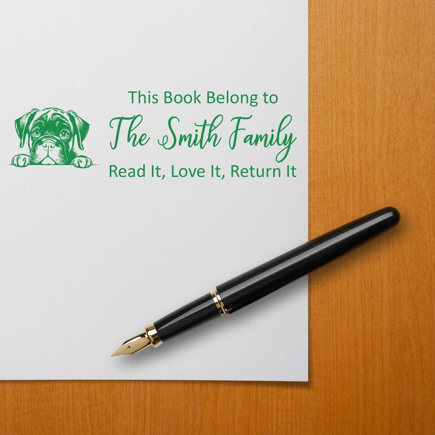 Personalized rubber book stamp for The Smith Family with dog illustration and Read it, Love it, Return it message.