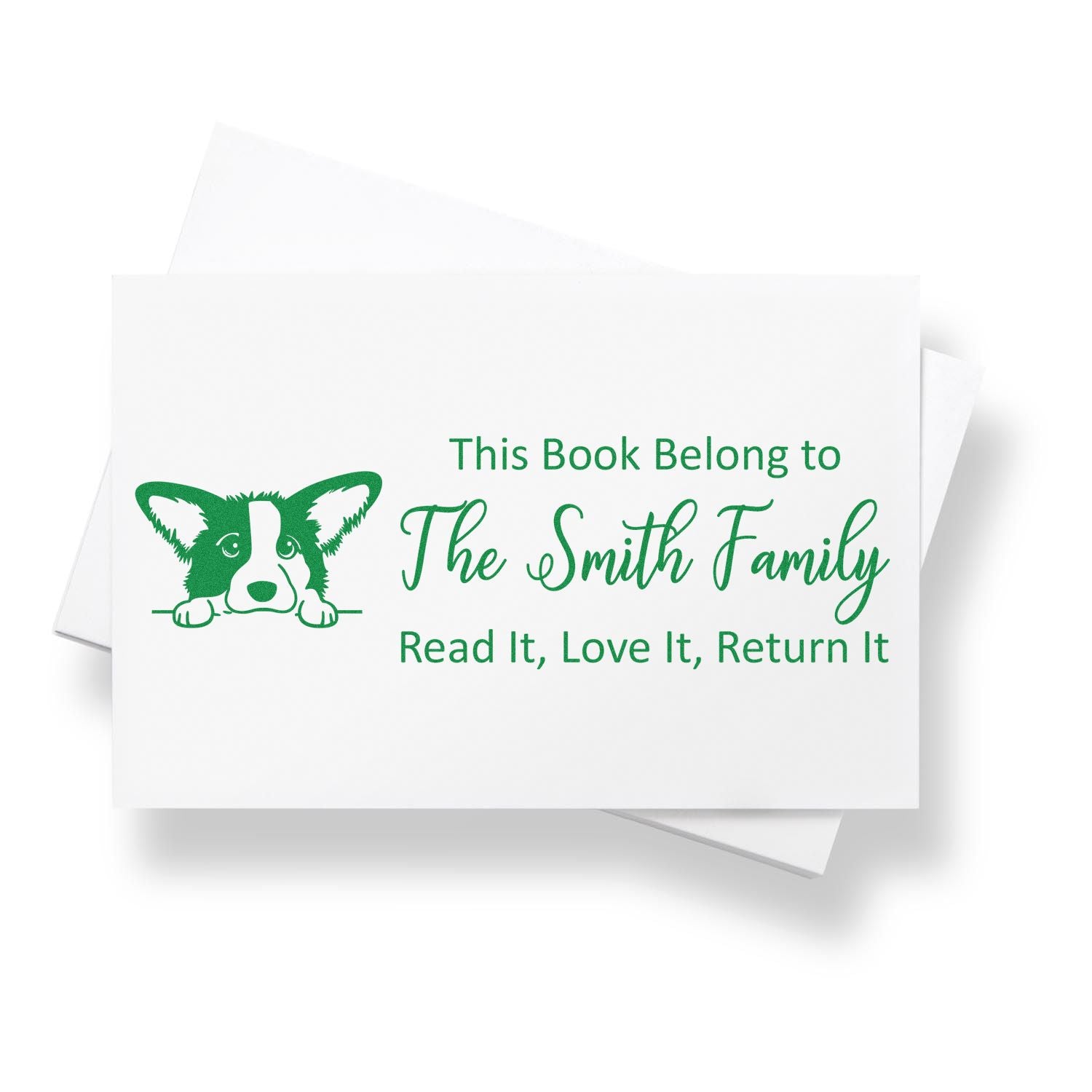 Personalized rubber stamp for books with dog illustration and Smith Family name, reading Read It, Love It, Return It
