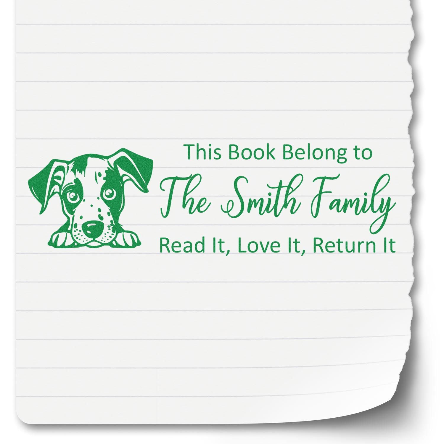 Custom dog bookplate rubber stamp with This Book Belongs to The Smith Family and Read It, Love It, Return It text.