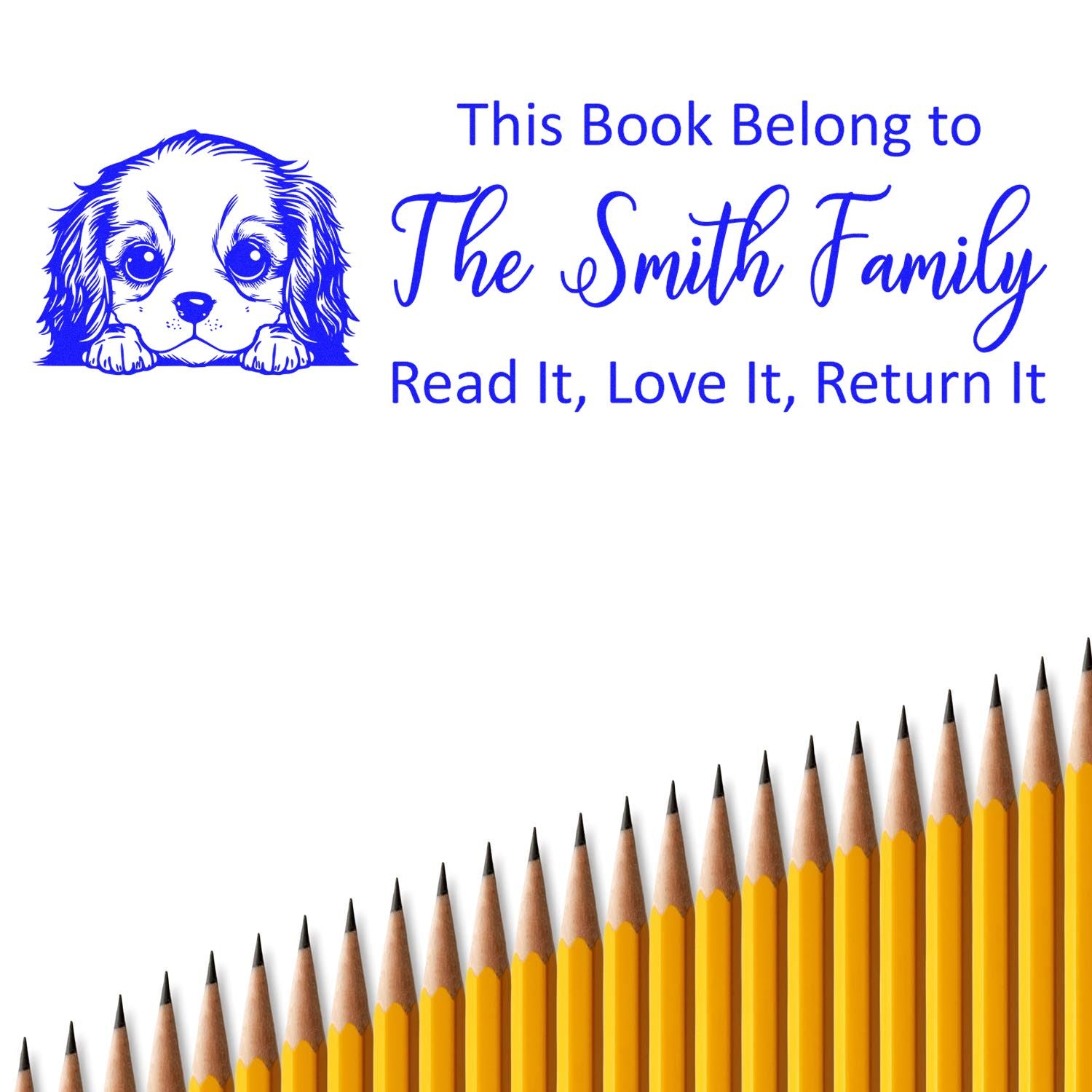 Personalized dog book stamp with This Book Belongs to The Smith Family and Read It, Love It, Return It for library books.