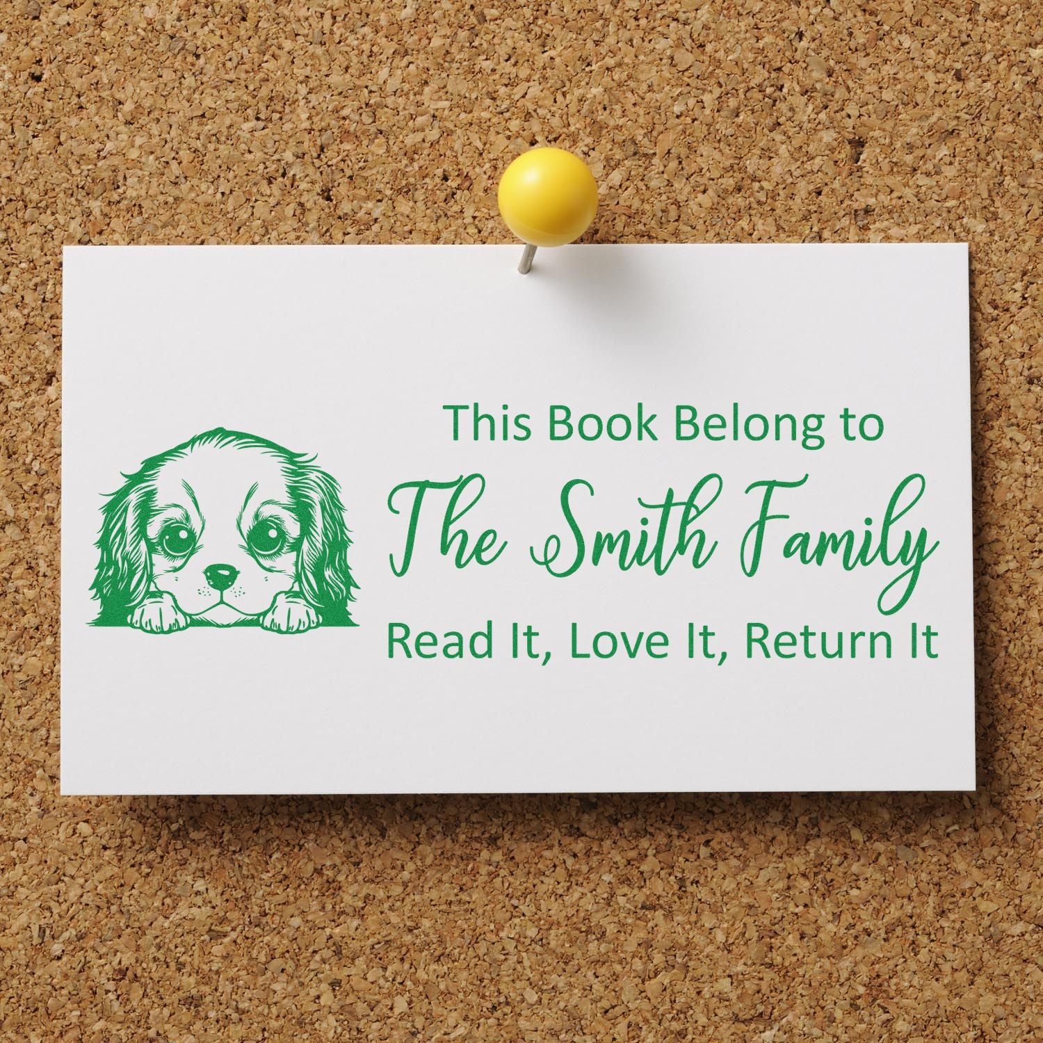 Custom rubber stamp for books with dog design and The Smith Family return notice for personal library books.