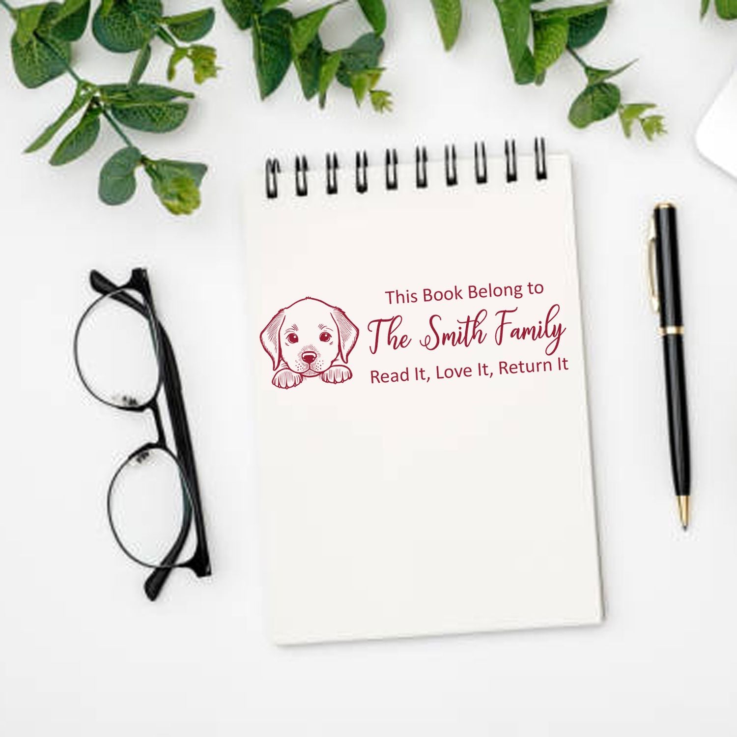 Personalized dog book stamp for the Smith family, with This Book Belongs To and Read It, Love It, Return It text