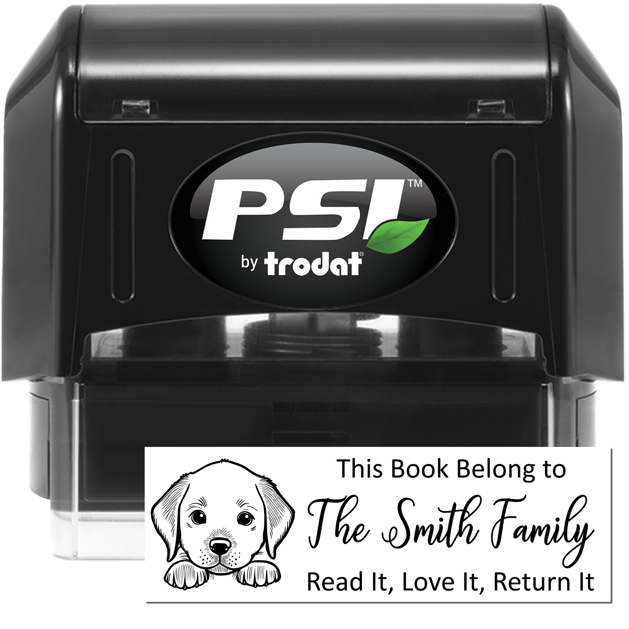 PSI by Trodat self-inking personalized book stamp for the Smith family, with read it, love it, return it design.