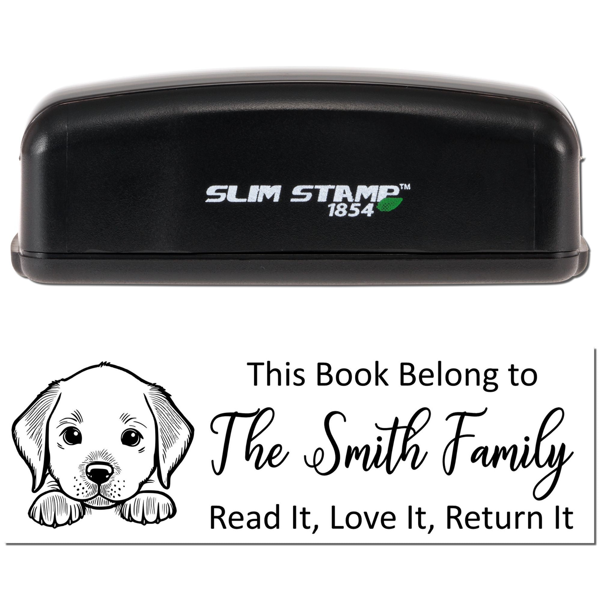 Custom self-inking rubber book stamp with dog design and Smith family ownership message for personal library books.